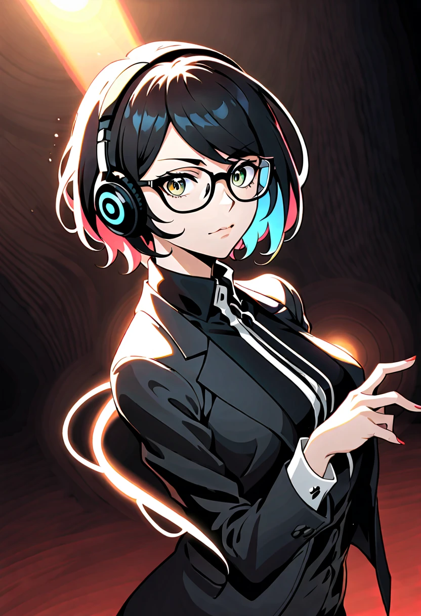 A original character, a adult woman, with a maternal yet alluring gaze. Dressed formally with a touch of sportiness, wearing headphones and glasses. Short hair, strongly inspired by Tae Takemi from Persona 5. Striking a dynamic pose with multiple points of light, featuring calm colors.