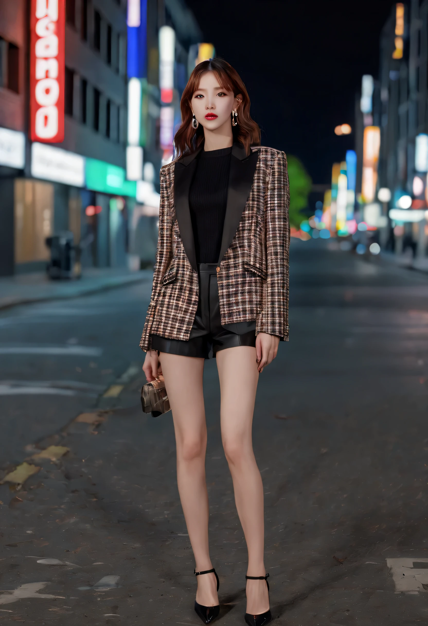 Canon RF85mm f/1.2,masterpiece,best quality,ultra high definition,1 girl,permanent,beautiful long legs,(korean mix,kpop idol:1.2),alone,shining_skin,very white skin,necklace,earrings,jewelry,(long_Brown_wavy_hair,Bangs),Red_shining_lips,eyelash,cosmetic,shining,pores,skin texture,big breasts,((Plaid_suit:1.4),(Black_sweater:1.3),(cropped_Pants:1.2),(pointed_pump:1.4),(Uninhabited streets:1.4,night))