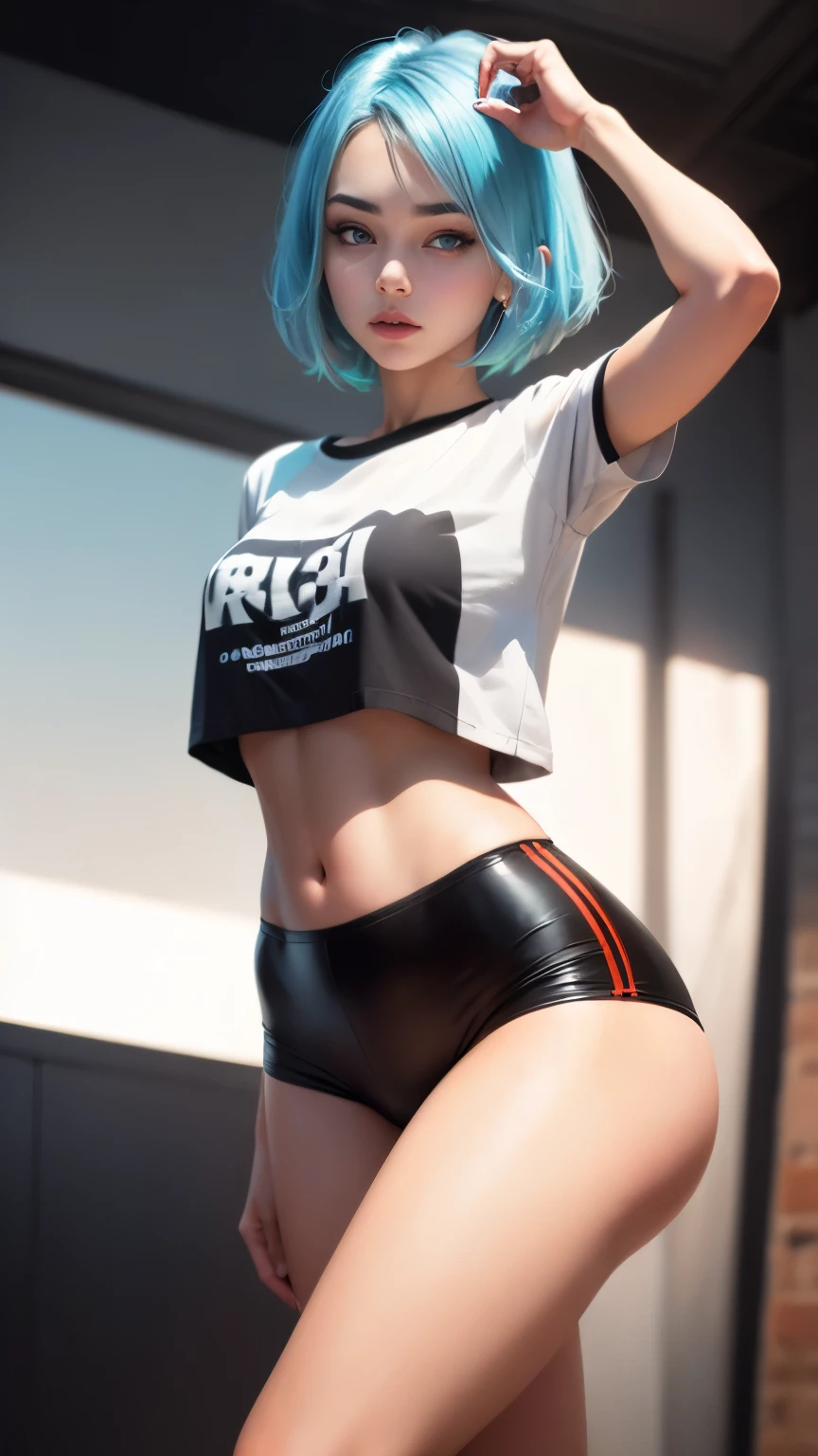 young pretty white girl with light blue hair, bobcut hairstyle, perfect detailed face, Hot-top model, Detailed symmetrical light green eyes with round irises, Beautiful, Walking and posing, Look at the observer, 19-year-old girl, looks like Madison Beer, extremely detailed face, Instagram model, hourglass figure, Realistic, Real life, perfect photorealistic picture, Realistic, Stunning realistic photography, Detailed fingers, detailed realistic face, Soft fingers, real human nails, Extremely attractive girl, perfect detailed tan, small eyes, perfectly detailed face with realistic complexion and finely porous skin, small nose, Model, Perfect posture, Natural limbs, perfect long model legs, detailed symmetrical eyeballs, symmetric eyes, Realistic eyeballs, Realistic detailed eyes, cute plump closed lips, makeup, no long neck, no long waist, Perfect proportional body, seductive gaze, Looking in the direction of the viewer, Fascinating facial features, ah high, two arms, Two legs, one head, tiny breasts, realistic natural bodies, realistic shadows, Mystical epiphany, 8K, UHD, ((body facing the viewer, Pointing at the camera)), "wide-angle", Full-body shot, full pose, (simple photo studio white background), tempt a little, Cinematic world, Cover photo in the center of Hyperealistic, Stunning full-color, Cinematic, neoprene, behance contest winner, presented at Unsplash, stylized digital art, Smooth, extra high resolution, sexy look , She wearing a large white long oversize streetwear T-shirt and black Acronym J36-S sweatpants, (T-shirt only white color), (((long oversize streetwear T-shirt))) , normal sneakers , black and white sneakers, instagram, 80mm , Streetwear , (((dynamic angle))) ,round ass, realhands