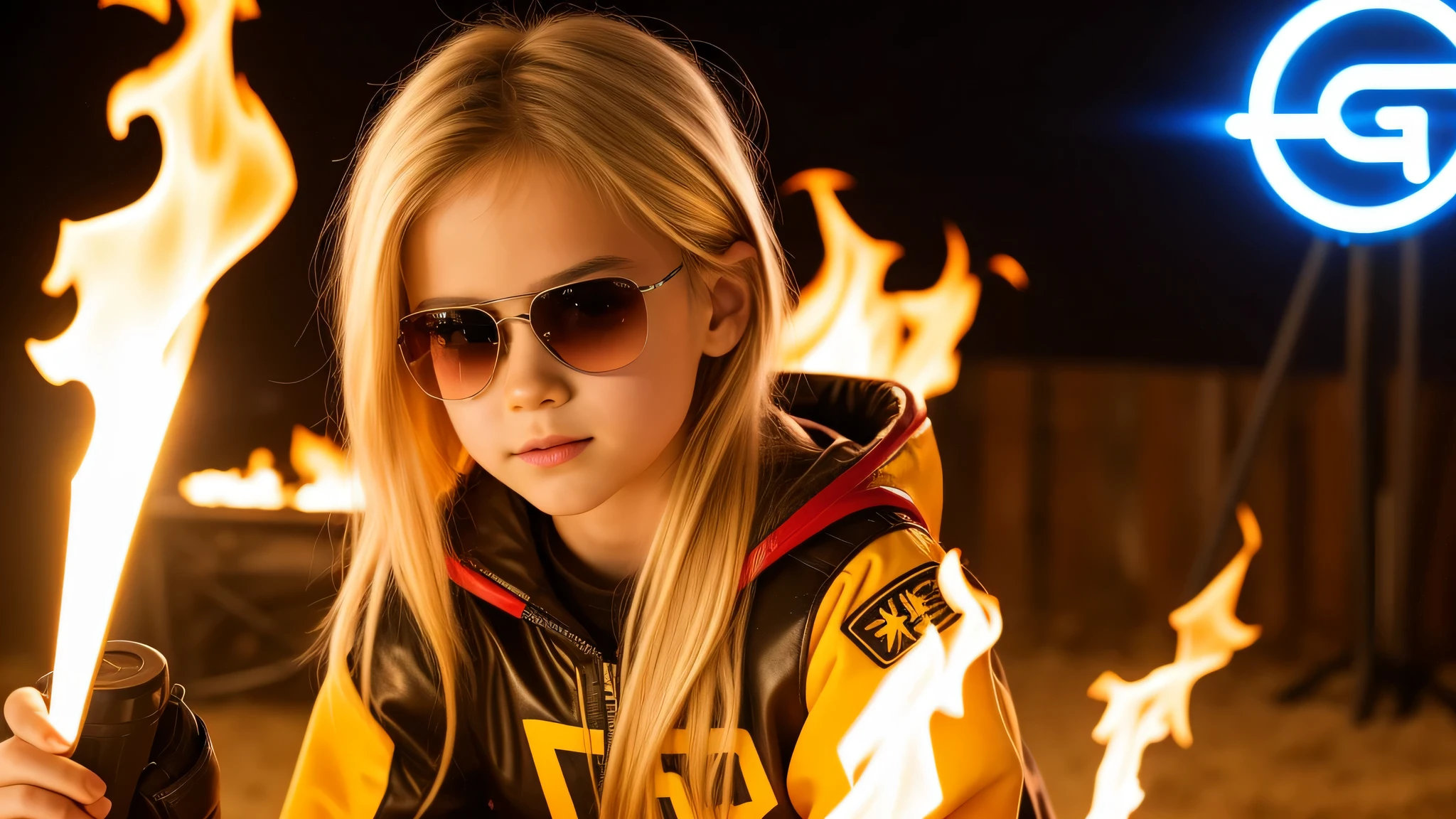 image of a girls blonde with sunglasses and a sign, halo on fire, heavy metal band promo, BROWN lasers.