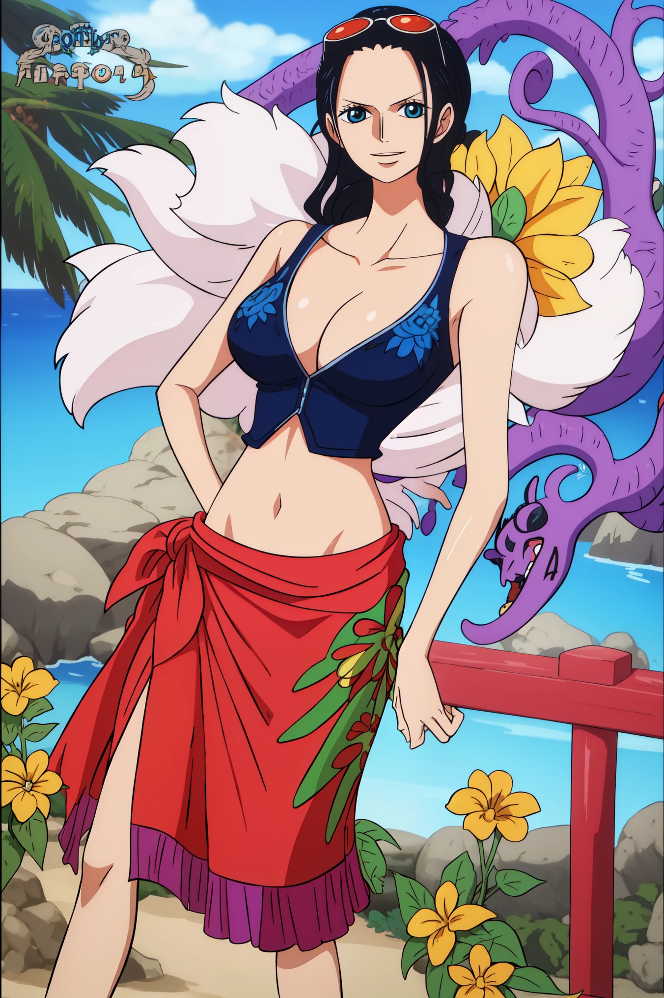 Nico Robin de One Piece, pelo negro de maruca, ojos azules, pupilas anchas y oscuras, sonriente, pechos grandes, talla grande , gafas de sol, wearing a long salmon-colored sarong skirt that has a green seaweed design with red and yellow flowers on the side, Chaleco de piel azul marino con cremallera, manga corta y escote en V, de pie en el bosque,