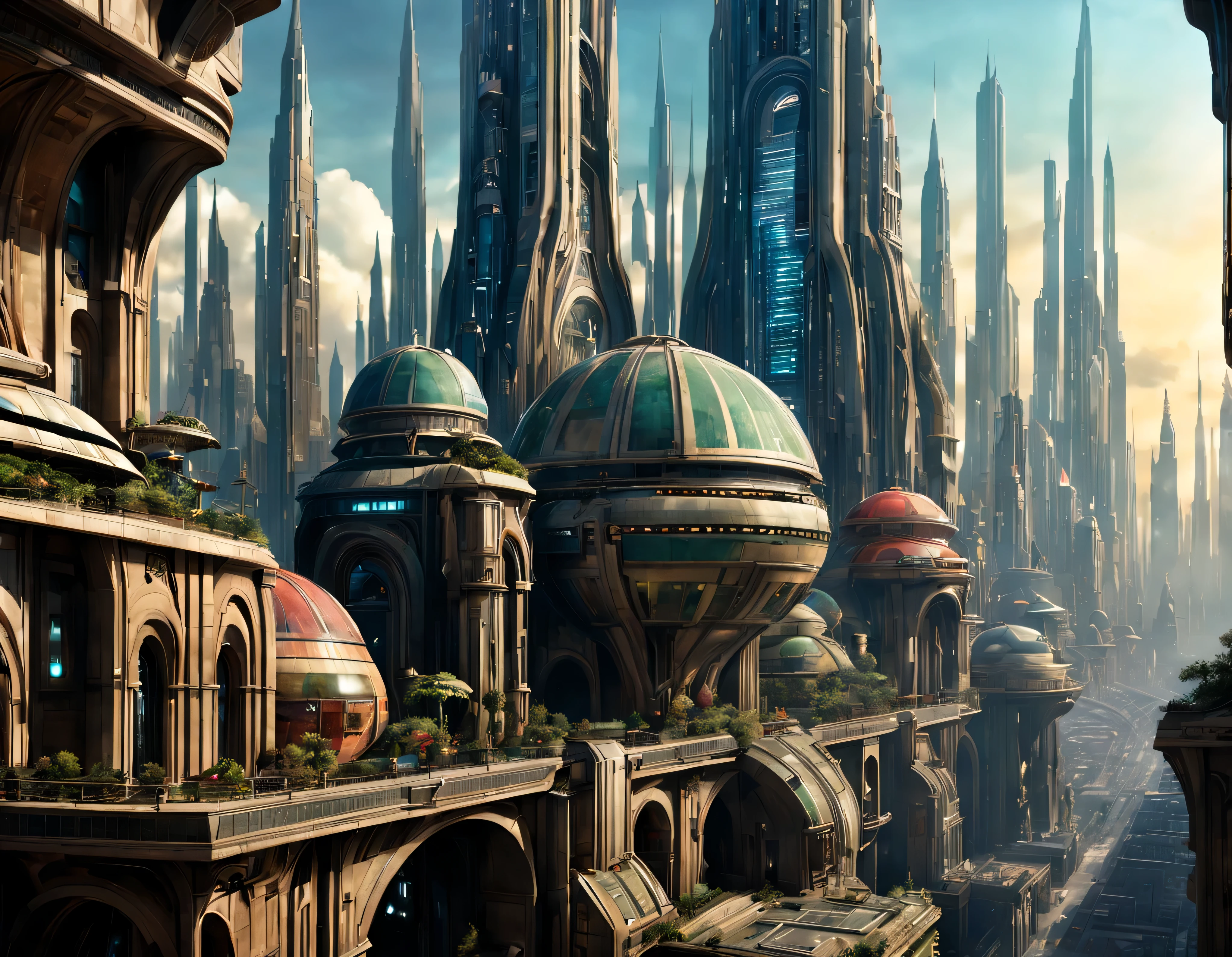 (The city of Coruscant from Star Wars as designed by Doug Chiang), futuristic fantasy city with immense buildings of technological design (que forman una avenida infinita), edificios compactor no difuminados con aspecto metalico, luces en ventanas en edificios, iluminacion diurna con sol, con estructuras acristaladas espectaculares, (con colores vivos). pavimento ensolado (sin brillo). gente paseando. imagen bien definida con muchos edificios juntos. imagen nitida bien definida 8k. los edificios llegan alta el fondo.,8k. imagen cinematografica. ((obra maestra de superior calidad)). (renderizado 3D).