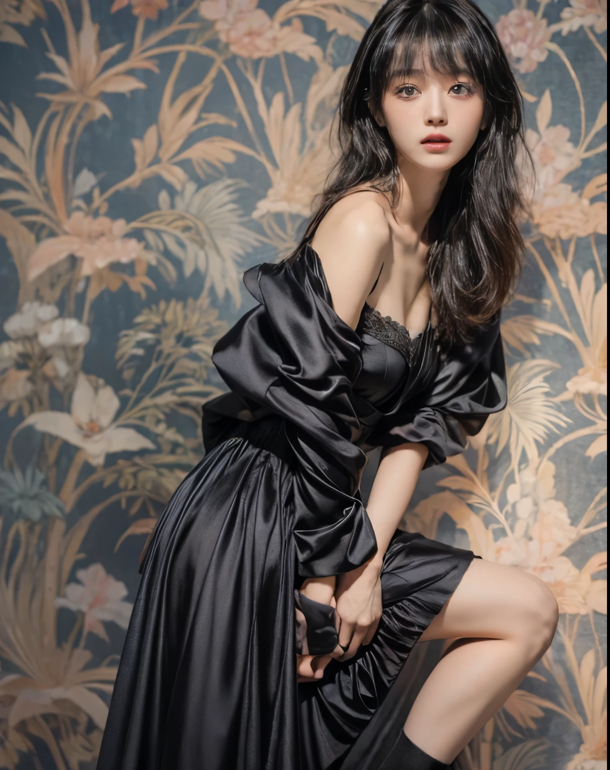masterpiece、8K、32K、highest quality、(Detailed both eyes)、(cute japanese woman、bangs:1.3)、23 years old、1 girl、elegant、black hair、(olaroid photograph of:1.4)、(Black dress:1.4)
