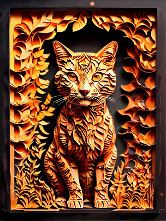 masterpiece, 最high quality,
RAW photo,Cat, (high definition skin:1.2), 8K UHD, Digital single-lens reflex camera, soft lighting, high quality, film grain, Fujifilm XT3,
legal, fractal, 3D depth, intriCate designs, deliCate patterns, shadow box frame, silhouette, paper cutting, silhouette,
build ambition,