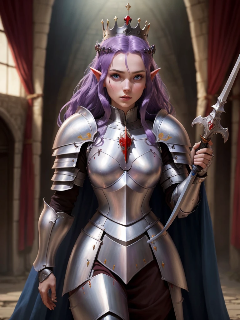 a beautiful female general，Princess Crown，Purple hair and blue eyes，Crusader Knight Armor，Lord of the rings concept，Still screen，Hold a knight's sword，Fantasy middle-earth armor，mighty，fear，blood，blood，crazy surrealism，A fantasy world，Lord of the Rings illustration，game poster，Award-winning masterpiece，Super detailed，perfect artistic creativity，dream，ultra HD16k