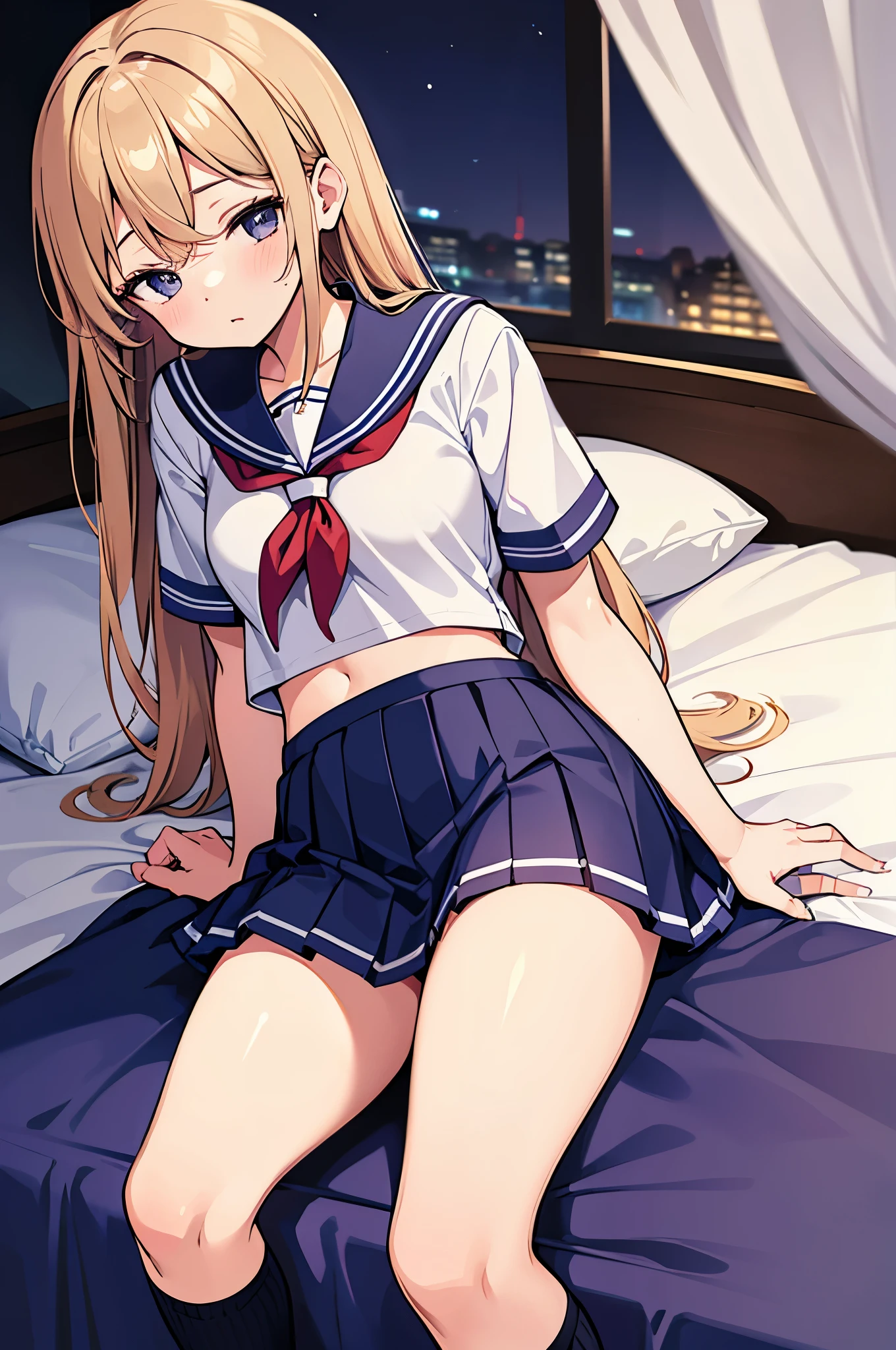 An unwell high school girl wearing a miniskirt sailor uniform who sleeps on a bed in the infirmary until late at night