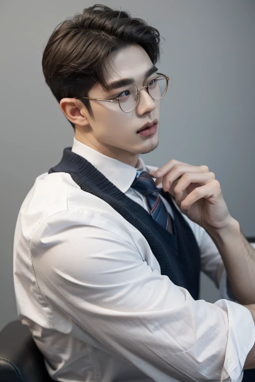 a handsome young man, round glasses, korean school uniform, muscular figure