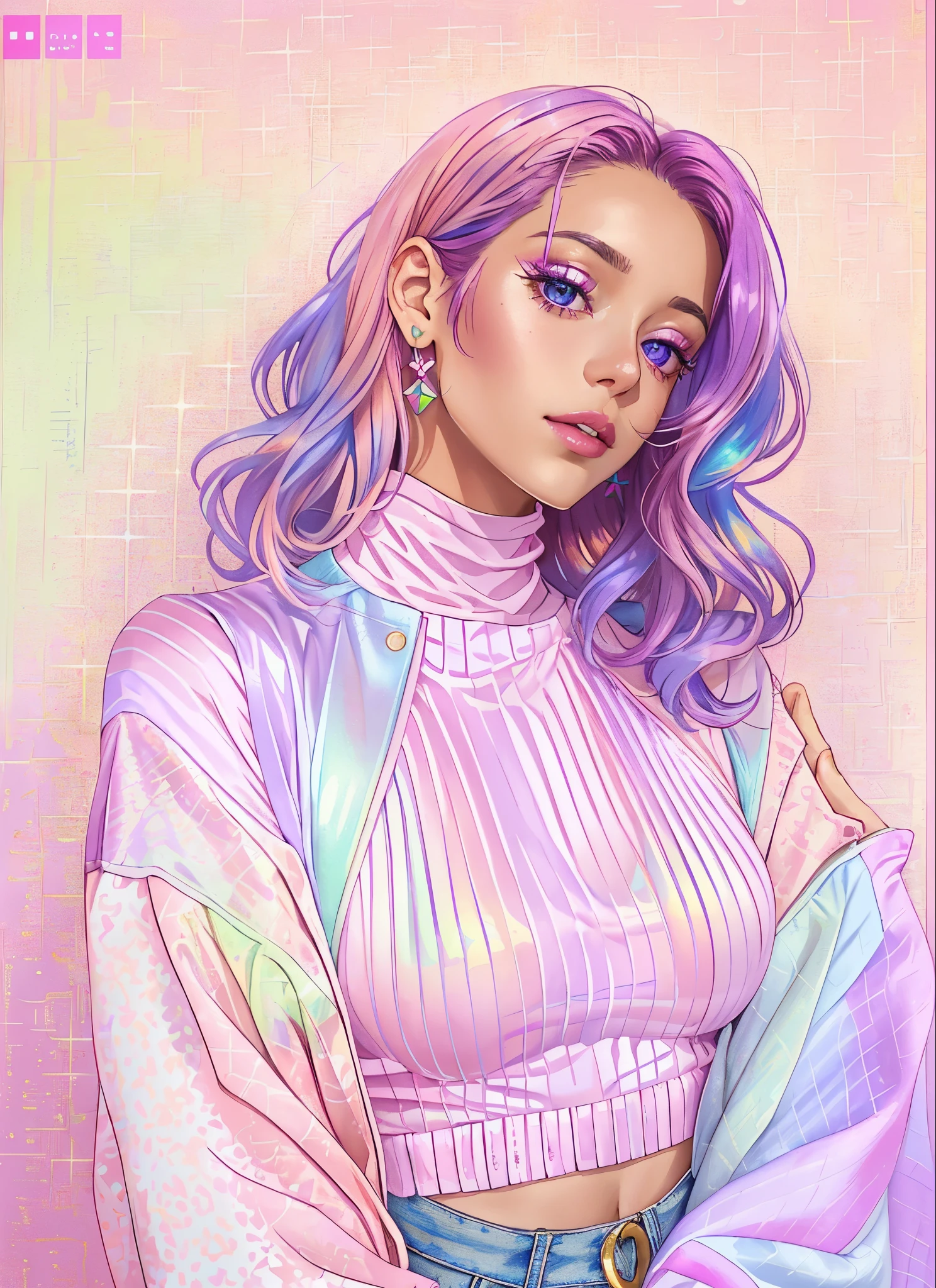 a close up of a woman with purple hair and a pink top, pastel vibe, vibrant pastel colors, iridescent aesthetic, in pastel colors, pastel overflow, in pastel shades, iridescent skin, bright pastel color, candy pastel, pastel makeup, rich pastel colors, pastel tones, pastel style, bold pastel colors, colorful pastel, fantastically pastel colors, pastel hues