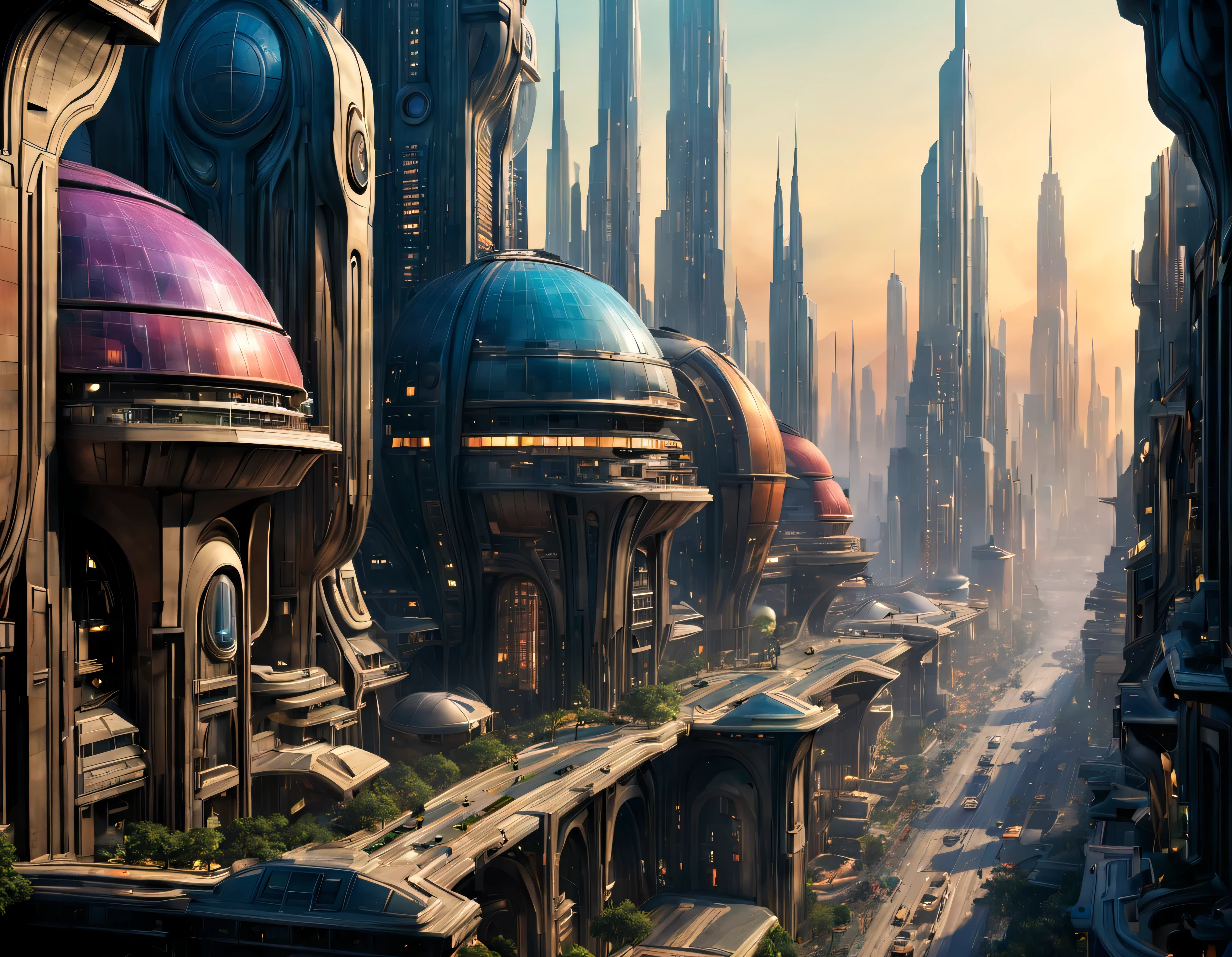 (The city of Coruscant from Star Wars as designed by Doug Chiang), futuristic fantasy city with immense buildings of technological design (que forman una avenida infinita), edificios compactor no difuminados con aspecto metalico, luces en ventanas en edificios, iluminacion diurna con sol, con estructuras acristaladas espectaculares, (con colores vivos). pavimento ensolado (sin brillo). gente paseando. imagen bien definida con muchos edificios juntos. imagen nitida bien definida 8k. los edificios llegan alta el fondo.,8k. imagen cinematografica. ((obra maestra de superior calidad)). (renderizado 3D).