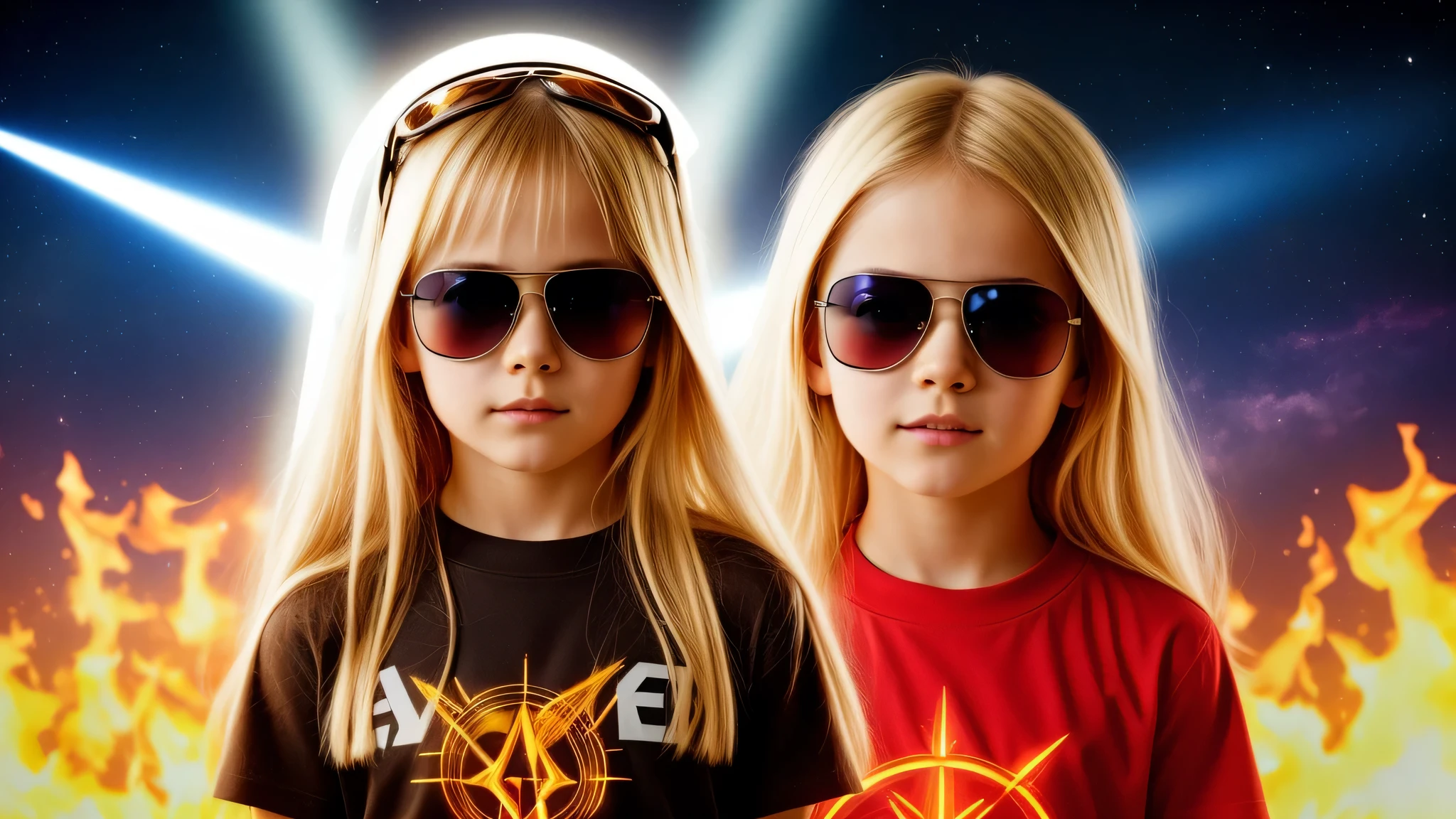 image of a kids girls blonde with sunglasses and a sign, halo on fire, heavy metal band promo, RED lasers.