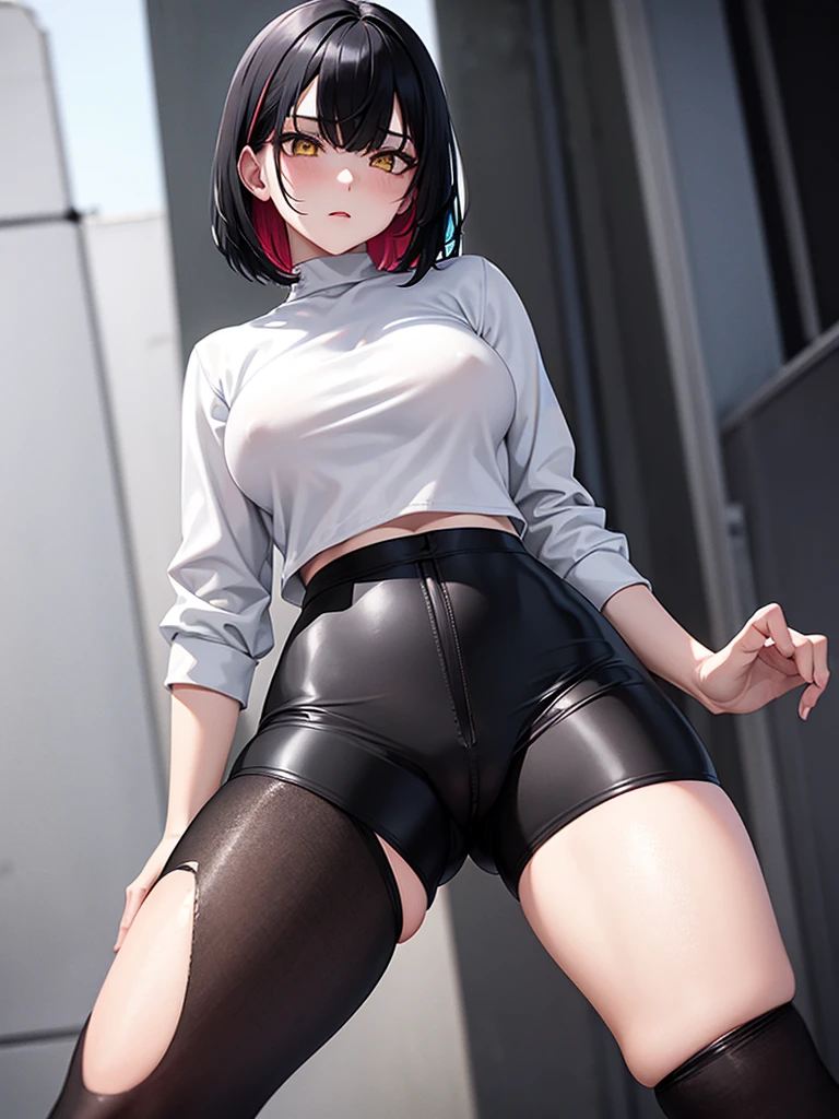 ((multicolored hair, black hair, white hair)) half white and half black hair, bicolor, black and white hair, colored hair, colored white and black hair 1 girl, two-tone hair, black on top, white on bottom 1 gilr, ,perfect anatomy girl muscular girl toned body girl large breasts girl thick girl angry girl best quality girl black hair girl yellow eyes girl pale girl pale girl,beautiful woman brunette, muscular, wearing short leggings withe, black tights, short hair, beautiful eyes, beautiful, yellow eyes, white shirt, black leather jacket, shorts, short white leggings, dark alley city black pantyhose, two-tone hair, black on top, white on bottom, black hair with white, two-tone hair, half white and half black hair