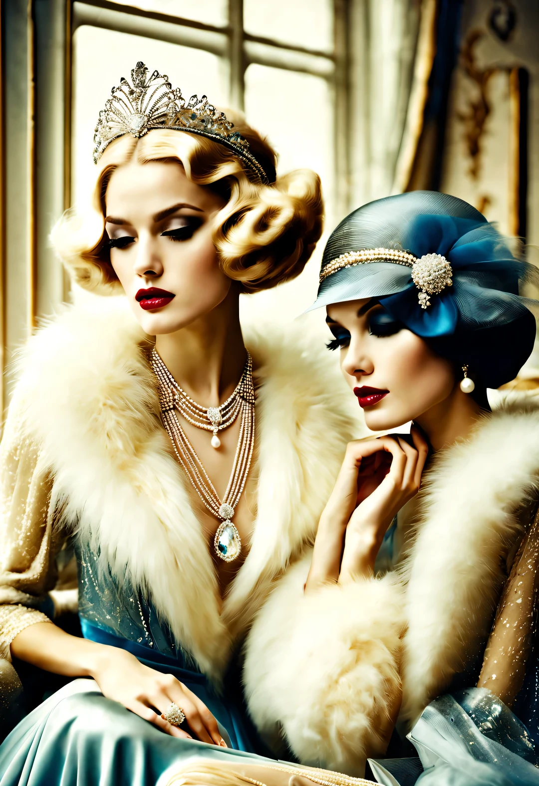 Vintage photography style, portrait,best quality,8k,high resolution,super detailed,super clear,Creative style artwork,classical,,
( Two fashionable girls sitting at coffee table looking out the window. Girl wearing high-end white fur coat,Paired with blue gauze skirt.),gorgeous、Exquisitely crafted diamond rings and bracelets,tiara jewelry,vintage ,The atmosphere of the 1920s, (blond:1.34),Fur coat has delicate texture,smooth visible velvet,Wear pearl jewelry,Advanced custom lace clothing,perfect fingers,(White skin),(Stacking accessories),
Luxurious and plump pearls,everything is clear,Composed of beads and brilliant diamonds,Pearls are usually round,(Each bead is the same size),Carefully selected、burnish,Smooth and delicate surface,Soft shine,Diamonds are the most dazzling part,They are cleverly mounted on metal frames,Contrast with pearls,Make the whole bracelet look noble and elegant,Dressed in 1920s fashion, 1920s hairstyles, 1 9 2 0 s style, 1 9 2 0 clothes, 1 9 2 0 s fabric style,