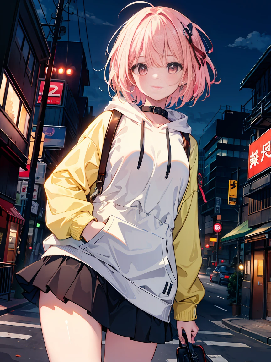 1girl, solo, pink hair, medium hair, long bangs bangs, gorgeous hooded sweatshirt pencil Skirt ribbon , future Tokyo city daytime, dutch angle