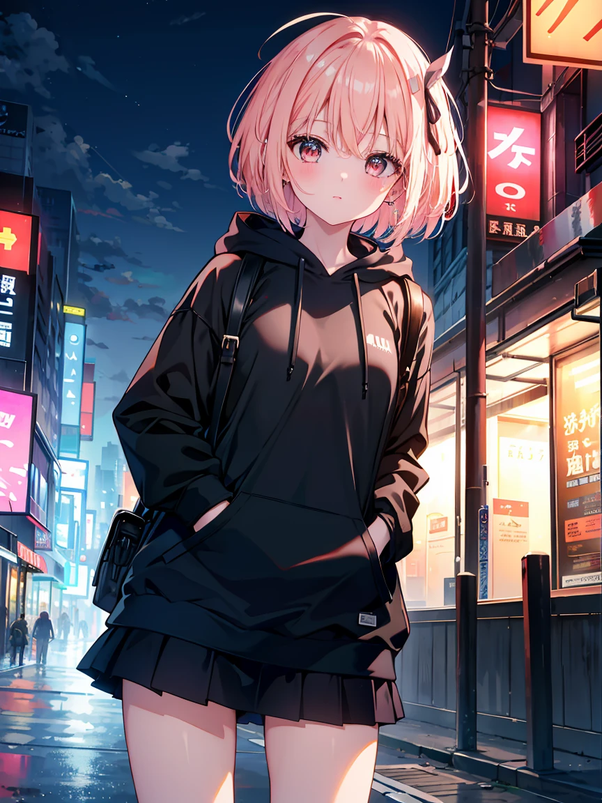 8K resolution、((highest quality))、((masterpiece))、((super detailed))、1 female、solo、oversized hoodie、street、outdoor、neon、short cut hair、bright colored eyes、short skirt、cowboy shot,
