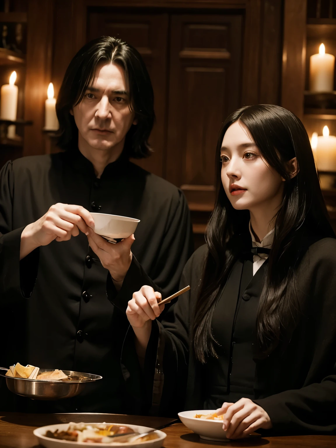 Severus Snape and Lily Evans eat hot pot together,meticulous portrait