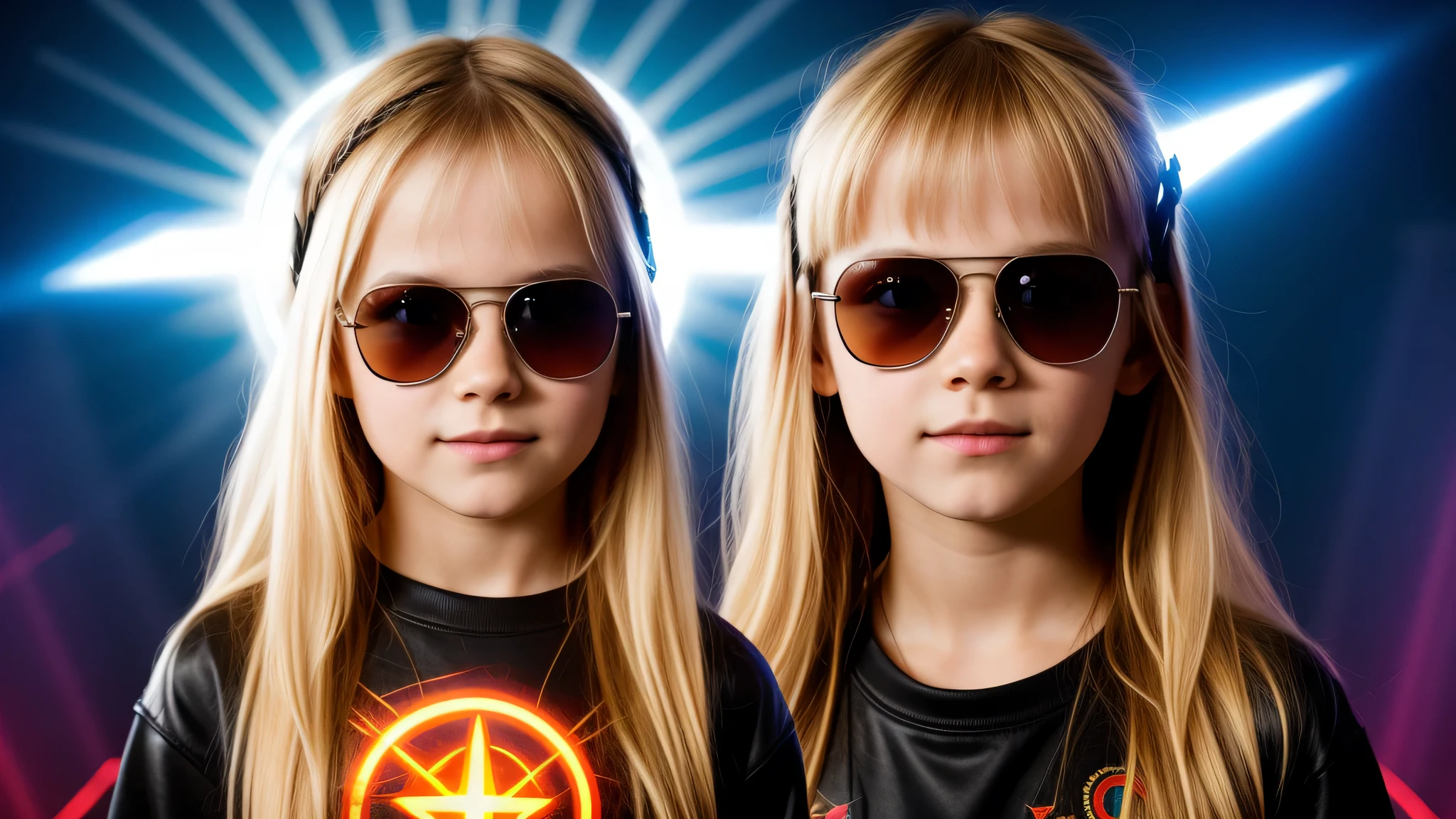 image of a kids girls blonde with sunglasses and a sign, halo on fire, heavy metal band promo, BROWN lasers.