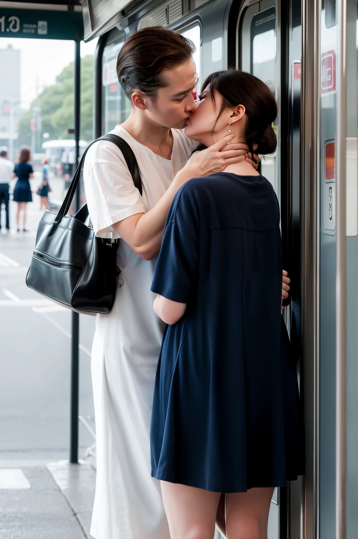 A sailor kisses his woman on the train platform，The woman wears a beautiful short skirt，Train station，Last century，Steam trains，White smoke，Crowds line up to get on the bus，early evening，the setting sun，the sunset，Orange street light，（Clear facial features）Clear facial features