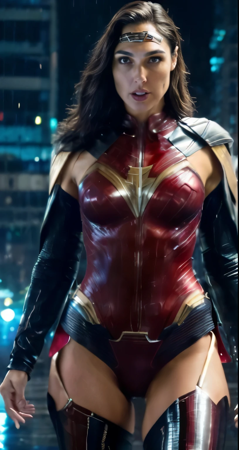 (Photograph of gal gadot ), (random photo , full body shot ) (standing in the light  rain, dressed as a sexy action woman, tight leather suit,sexualized style , tall mature woman, various random  angles ), [insanely detailed skin texture, sexy attractive texture] (depth of field) (( perfect body parts, ( hyper photorealistic) , 85mm, 100mm lens ))