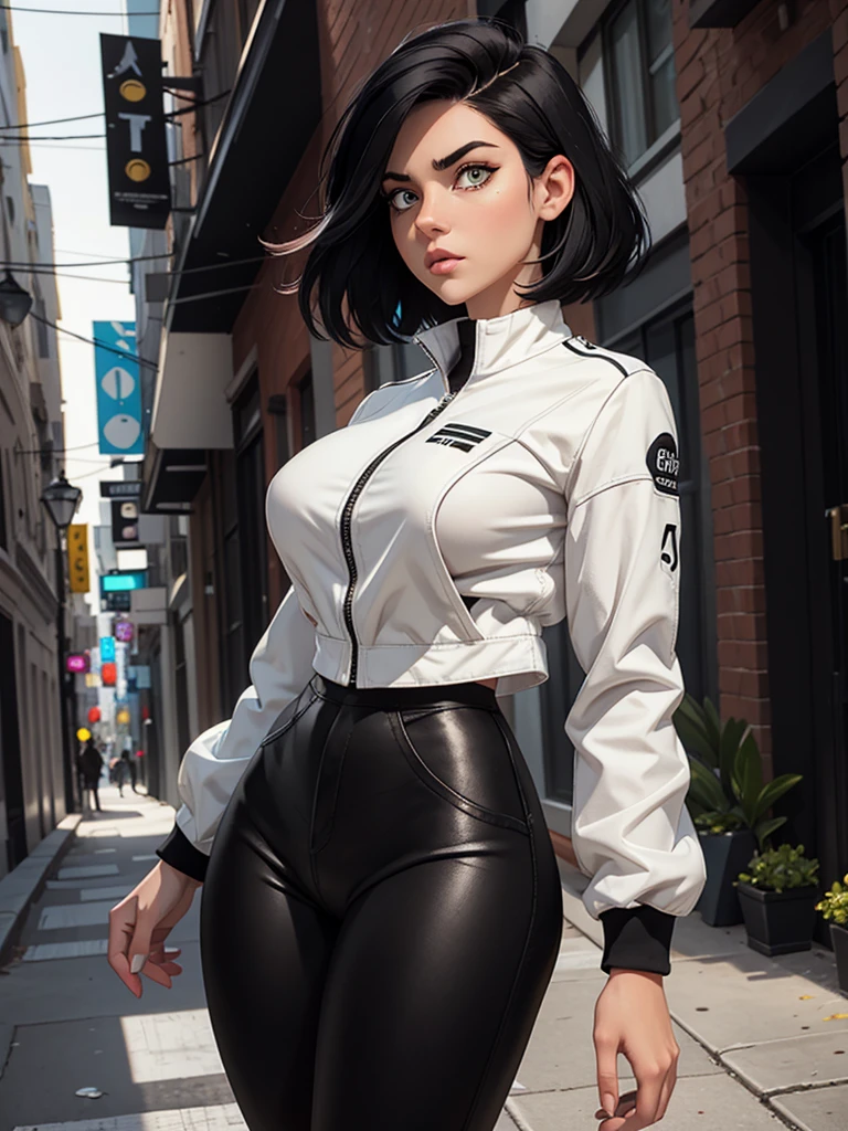 linda mulher morena, musculosa , usando short legging withe, Black pantyhose, cabelo curto, belos olhos, olhos lindos, amarelos, camisa branca, jaqueta de couro preta, shorts, short legging white, cidade beco escuro