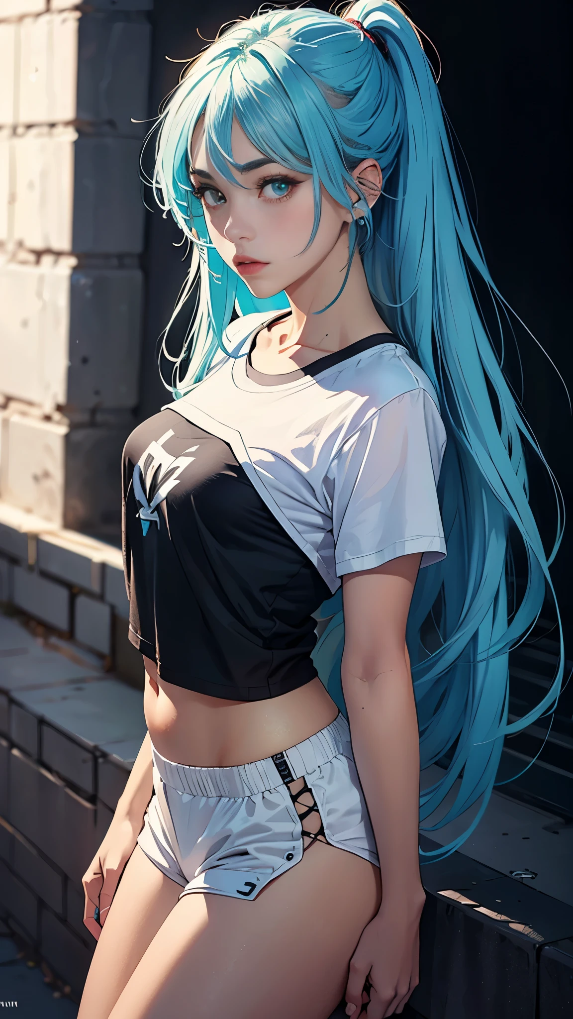 1 girl named Sarah with long light blue hair, dyed loose hair, Long hairstyle, perfect detailed face, Young pretty white girl, Hot-top model, Detailed symmetrical light green eyes with round irises, Beautiful, Walking and posing, Look at the observer, 19-year-old girl, looks like Madison Beer, extremely detailed face, Model, Realistic, Real life, perfect photorealistic picture, Realistic, hourglass figure, Stunning realistic photography, Detailed fingers, detailed realistic face, Soft fingers, real human nails, Extremely attractive girl, perfect detailed tan, small eyes, perfectly detailed face with realistic complexion and finely porous skin, small nose, Model, Perfect posture, Natural limbs, perfect long model legs, detailed symmetrical eyeballs, symmetric eyes, Realistic eyeballs, Realistic detailed eyes, cute plump closed lips, makeup, no long neck, no long waist, Perfect proportional body, seductive gaze, Looking in the direction of the viewer, Fascinating facial features, ah high, two arms, Two legs, one head, tiny breasts, realistic natural bodies, realistic shadows, Mystical epiphany, 8K, UHD, ((body facing the viewer, Pointing at the camera)), "wide-angle", Full-body shot, full pose, (photo studio white background), tempt a little, Cinematic world, Cover photo in the center of Hyperealistic, Stunning full-color, Cinematic, neoprene, behance contest winner, portrait of a, presented at Unsplash, stylized digital art, Smooth, extra high resolution, sexy look , She wearing a large white long oversize streetwear T-shirt and black Acronym J36-S sweatpants, (T-shirt only white), (((long oversize streetwear T-shirt))) , normal sneakers , black and white sneakers, instagram model, 80mm , Streetwear , (((dynamic angle))) , Realistic,round ass