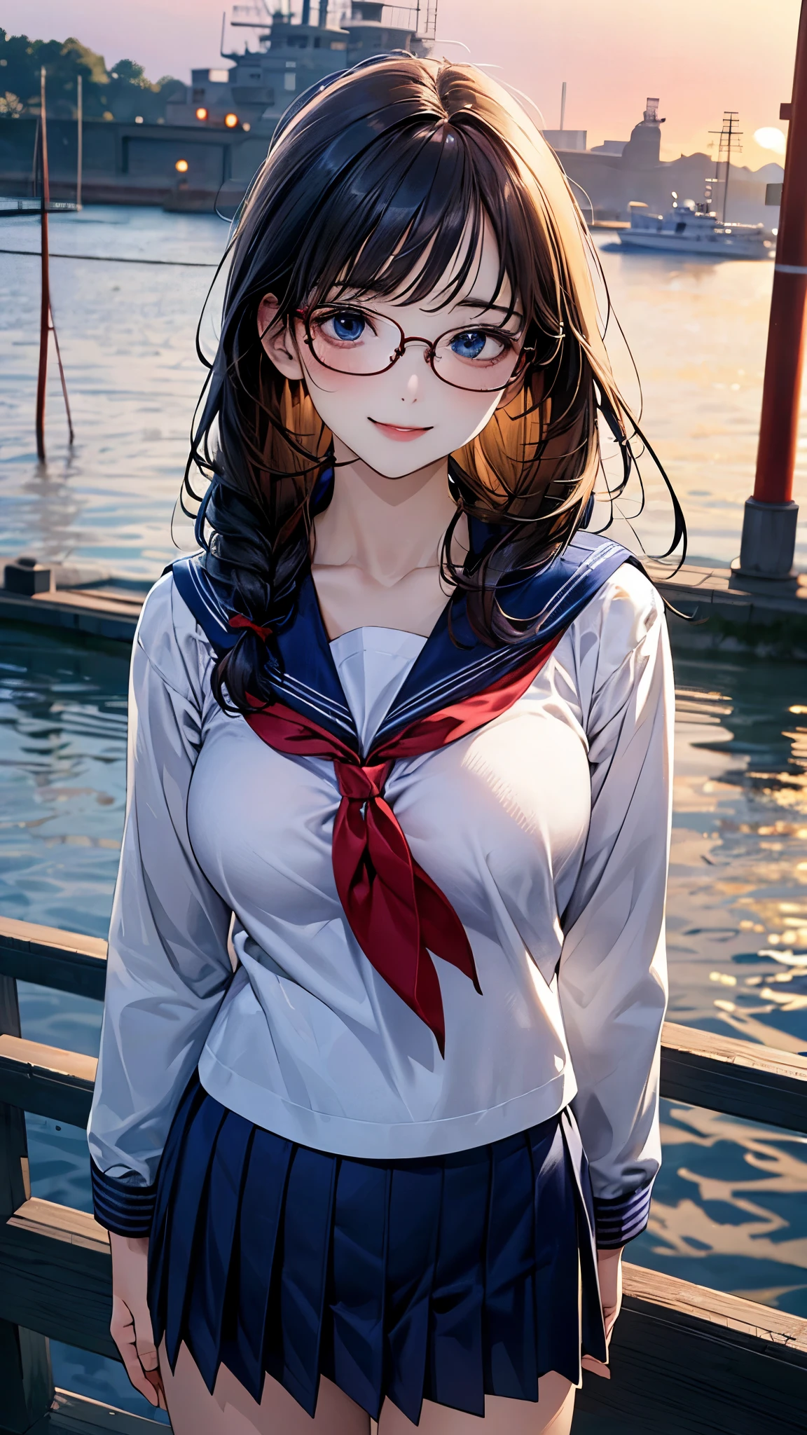 (masterpiece:1.2, top-quality), (realistic, photorealistic:1.4), beautiful illustration, (natural side lighting, movie lighting), 
looking at viewer, upper body, front view, 1 girl, japanese, 16 years old, perfect face, cute and symmetrical face, shiny skin, babyface, 
(long hair, straight hair:1.2, black hair), braided bangs, blue eyes, (large breasts, seductive thighs, big ass), 
beautiful hair, beautiful face, beautiful detailed eyes, beautiful clavicle, beautiful body, beautiful chest, beautiful thigh, beautiful legs, beautiful fingers, 
((long sleeves, all navy cute sailor suit, navy pleated skirt, navy sailor collar, red sailor scarf)), black-rimmed glasses, 
(beautiful scenery), evening, riverside, standing, join hands, (ahegao, lovely smile, upper eyes), 