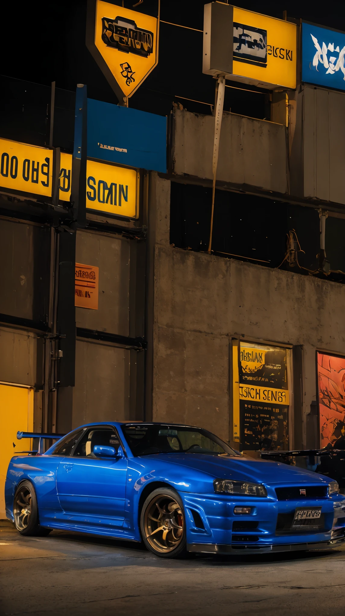 masterpiece, best quality, official art, extremely detailed 8k CG unit wallpaper, illustration, cyberpunk city bustling with neon signs, night, in spring, cloudy, sky, beautiful detailed sky, light, official art, extremely detailed 8k unit wallpaper, illustration, night, in spring, cloudy, sky, beautiful detailed sky, light, 1 car, (car: 1), motor vehicle, land vehicle, sports car, nissan, gtr, red car, horizon line R34, vehicle focus, road, need for speed, moving, wet,