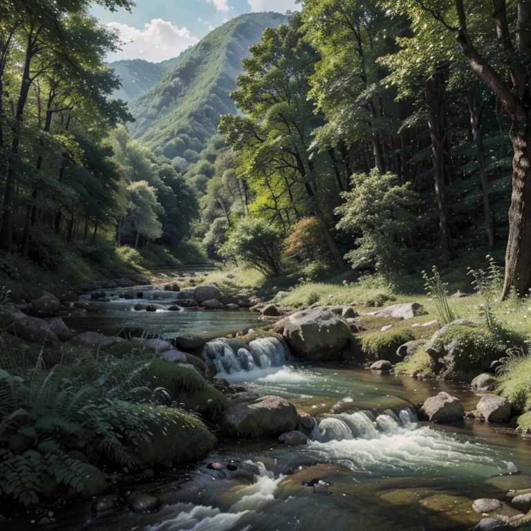 painting of a stream running through a lush green forest filled with trees, detailed painting 4 k, mountains river trees, anime landscape wallpaper, beautiful art uhd 4 k, anime countryside landscape, detailed scenery —width 672, beautiful digital painting, 4k highly detailed digital art, beautiful anime scenery, 8k high quality detailed art, anime nature wallpap, anime nature
