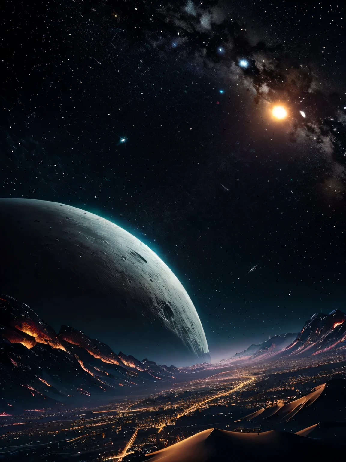 A masterpiece of artistic craftsmanship, featuring a 1 extremely detailed planet, boasting perfectly proportioned structures and adhering to Continental Compliance. The backdrop is ultra realistic, painted in the darkest hues, evoking a sense of mystery and excitement. The planet's surface is strewn with fine flash details, each one meticulously illuminated by Endless Lights. In this hyper-detailed scene, chromatic aberration adds a vibrant, luminescent touch to the filmic environment, making every element pop against the black backdrop. Witness this stunning creation in 8K resolution for a truly immersive experience.