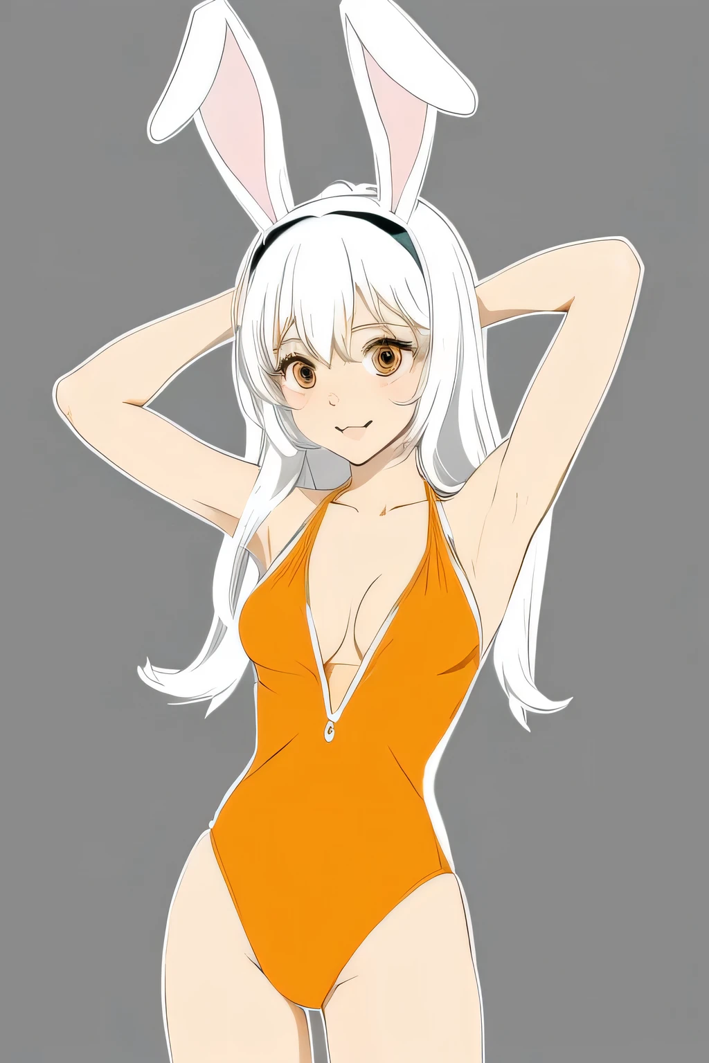 Bunny girl,A picture of a woman wearing rabbit ears and an orange swimsuit,  digital art, outlined!!!, thick outline, whole body in view, thick outlines, Pose with hands clasped in front of the body!, whole body!, full pose, whole body concept, outlined, thick line drawing, whole body portrait of a short!