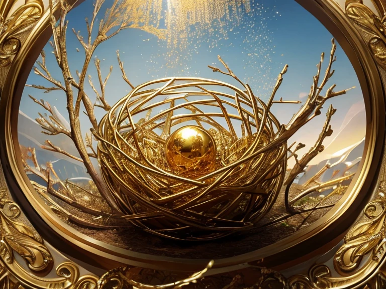 bird&#39;s nest made of gold，There are sparkling gems inside，dream style（（（masterpiece）））， （（best quality））， （（intricate details））， （（Surrealism））（8k）