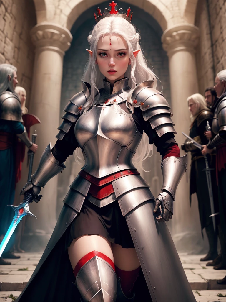 a beautiful female general,Princess Crown,White hair and red eyes,Crusader Knight Armor,Lord of the rings concept,Still screen,Hold a knight's sword,Fantasy middle-earth armor,mighty,fear,blood,blood,crazy surrealism,A fantasy world,Lord of the Rings illustration,游戏poster,poster,Award-winning masterpiece,Super detailed,perfect artistic creativity,dream,ultra HD16k