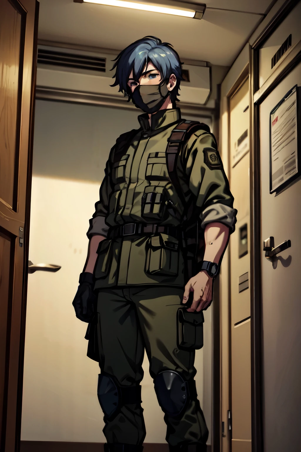 Male medic with short pale blue hair, wearing military combat gear, a surgical mask, standing in the barracks