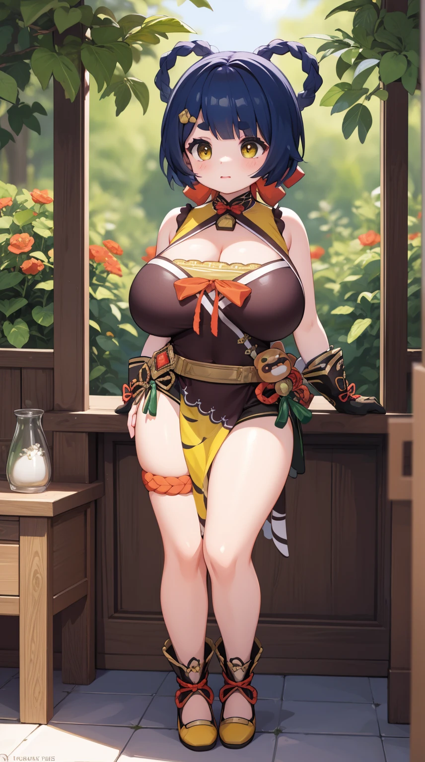 girl, solo, full body, from head to toe, (Huge_Breasts:1.3),
A breathtakingly beautiful garden filled with vibrant flowers, lush green plants, The air is filled with the sweet scent of blooming flowers, and rays of golden sunlight gently filter through the leaves, creating a magical atmosphere,
xiangling \(genshin impact\),1girl,blue hair, short hair, thick eyebrows, hairclip, hair rings, braid, yellow eyes, bow, glove,chinese clothes, sleeveless, bare shoulders, pelvic curtain, belt,