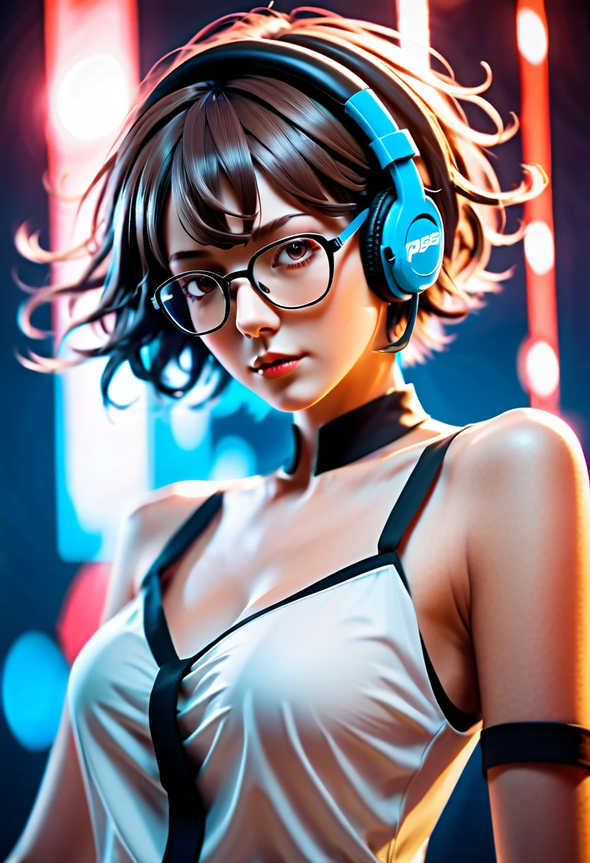 A original character, a adult woman, with a maternal yet alluring gaze. Dressed formally with a touch of sportiness, wearing headphones and glasses. Short hair, strongly inspired by Tae Takemi from Persona 5. Striking a dynamic pose with multiple points of light, featuring calm colors.