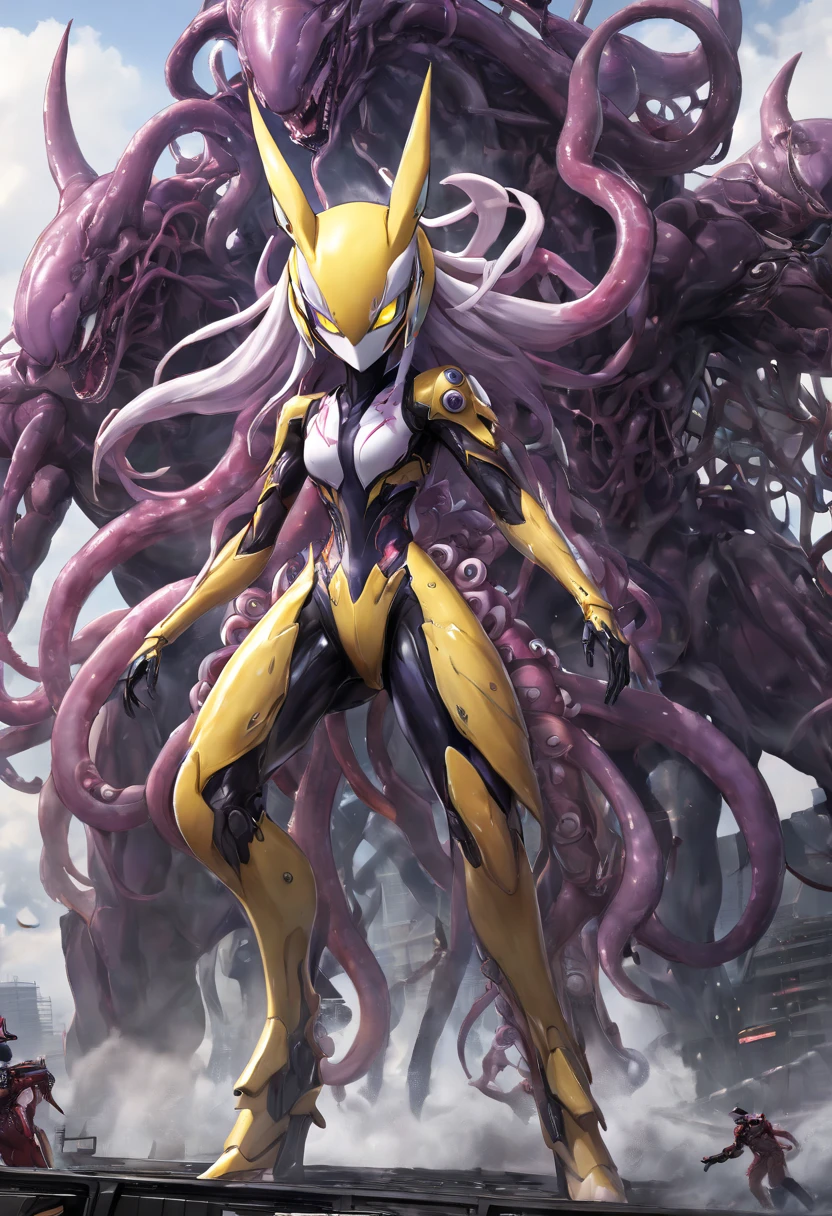 4K，real，realistic，near future，NSFW，transformation，porn，adult，Renamon and the giant battle mecha，livingclothes，The pilot is inside a giant battle mech.，Pilot details(full body concept art，Renamon is the pilot，Height: 160cm，The pilot is in front of a giant battle mech.，The pilot is wearing Renamon-type guard reinforcement equipment.，face:Renamon type full face helmet，tentacle cockpitに跨がる，attached to tentacles，fuck pussy with tentacles，Renamon type guard reinforcement equipment is sticky and glossy with mucus.，A fluffy fox tail is growing，evil depravity，carnage)，Details of the giant battle mecha(full body concept art，Humanoid，Looks like a fusion of Renamon and a dragon，symbiote，evil depravity，Height 40 meters，It has a fluffy tail.，fox ears，standing behind the pilot)，tentacle cockpit，Inside the cockpit(The cockpit is covered in tentacles，there is a pilot，sitting in a tentacle-shaped cockpit