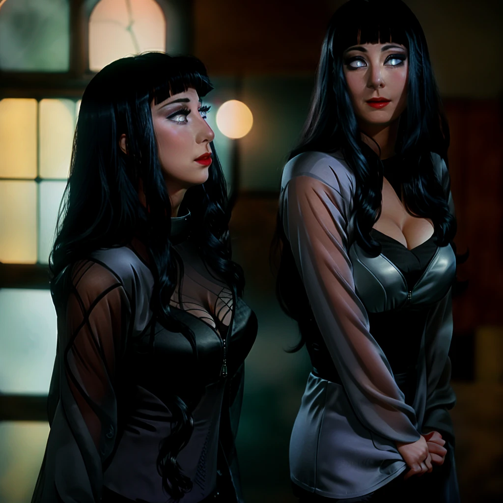(2 heads), 18 year old woman, skinny, thin waist, show life, Leather black underwear, wavy dirty black hair, Long pigtail, Big breasts,Thick lips, lip gloss, Brian's eyes, I look at the viewer, Standing in the hall, Joyful look, Wet breasts, collar with spikes, chain collar,