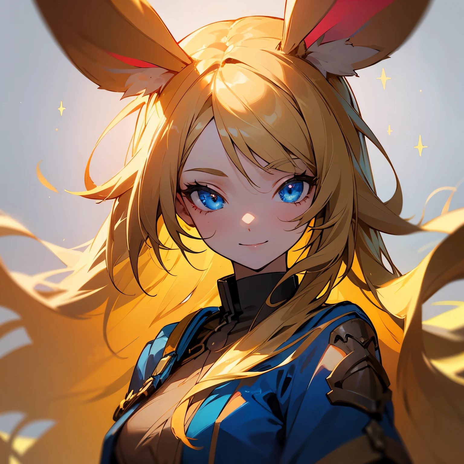 (1 girl:1.2, close-up:1.1), (highly detailed background:1.0), (highly detailed background:1.0), masterpiece, best quality, ultra high resolution, 8K, BREAK, (sparkling golden hair, long hair, rabbit ears), BREAK, detailed clothing, colorful rainbow shirts, half sleeves, detailed skin, glossy skin, detailed eyes, blue eyes, looking at the viewer, smile, in the bridge