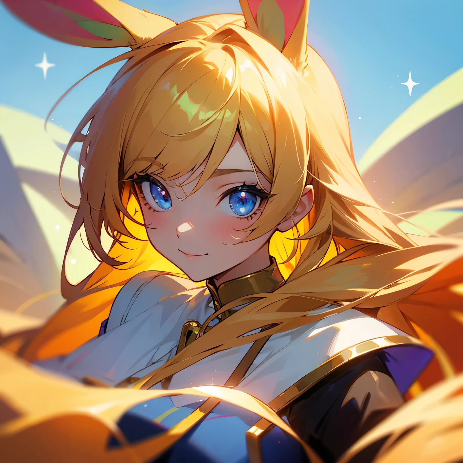 (1 girl:1.2, close-up:1.1), (highly detailed background:1.0), (highly detailed background:1.0), masterpiece, best quality, ultra high resolution, 8K, BREAK, (sparkling golden hair, long hair, rabbit ears), BREAK, detailed clothing, colorful rainbow shirts, half sleeves, detailed skin, glossy skin, detailed eyes, blue eyes, looking at the viewer, smile, in the bridge