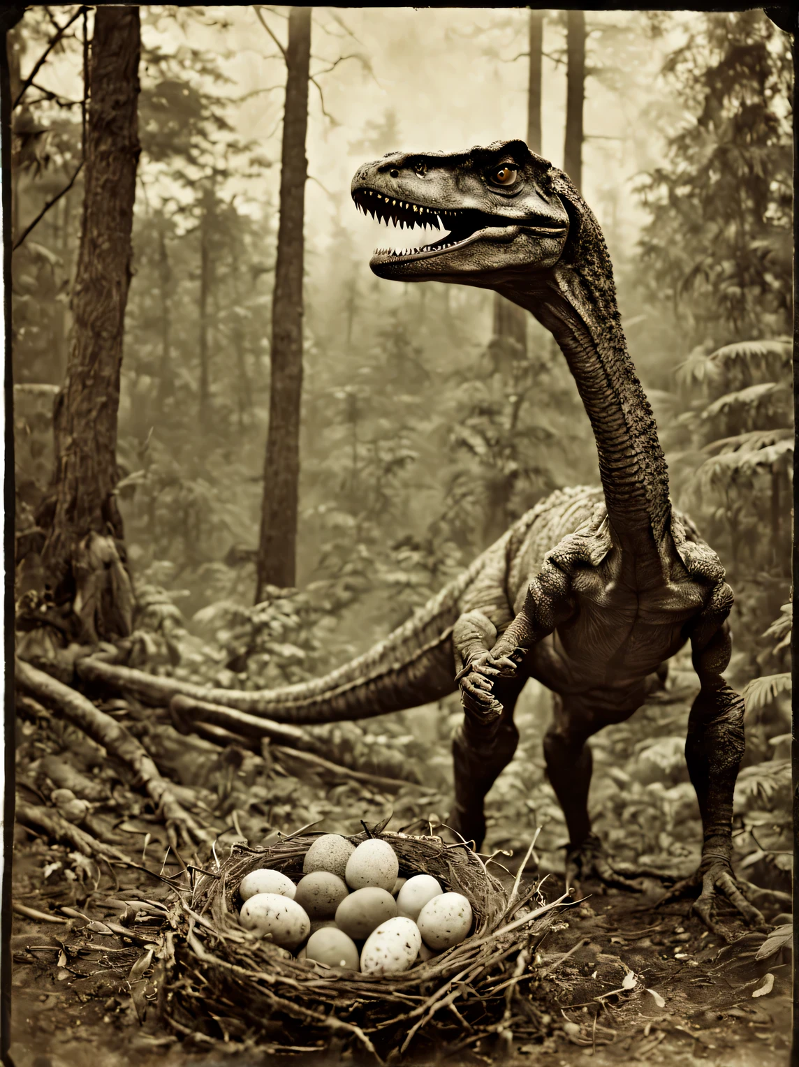 Old photo from the 1930s with a Zeiss Ikon Ikonta 520.../2 cameras, published by the Museum of Historical Photography in 1930..., (dinosaur stands near its nest with dinosaur eggs), Velociraptor dinosaur on its hind legs looks into the frame at the viewer against the backdrop of the forest, at the bottom and on the legs of the velociraptor is a large nest with dinosaur eggs, dinosaur skin shines and shines, film type 130, frame size 60 x 90 mm, Tessar f/4.5 105 mm, vintage photo paper, old shabby photograph, scuffs and scratches, photo ruined by time