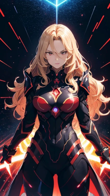 (Armed curvaceous and strong muscular warlord woman), ((voluminous wavy blonde hair)), glowing red eyes, ((On her chest、Comes with high-tech glowing dark red stars。)), Sophisticatedディテール, (Sophisticated, High tech and futuristic wearing black:70 and dark red:90 タクティカルスカート付きのSophisticatedアーマー), highly weaponized, ((Sideways intimidating pose)), ((standing sideways on a spaceship)), (holographic numbers、symbol、surrounded by stars。), 最high quality, Sharp and clear line drawings, high quality, 8K professional images
