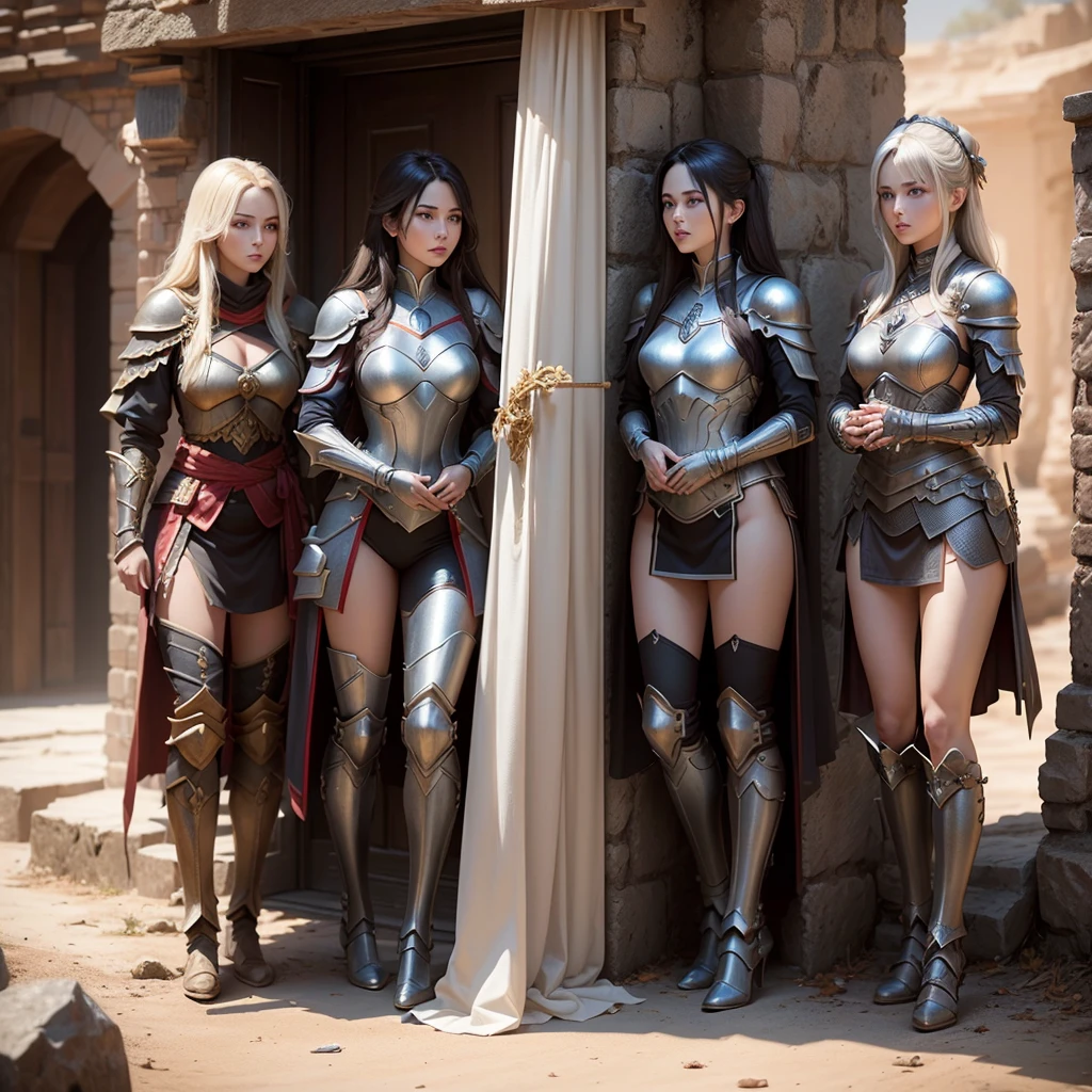 multiple sexy girls warriors armed with weapones wearing dresses and stockings fights to protect and guards princess in bride dress who's in trouble, full body shot, show full body from head to toes, only females on the picture, inside palace background, white and even teeth