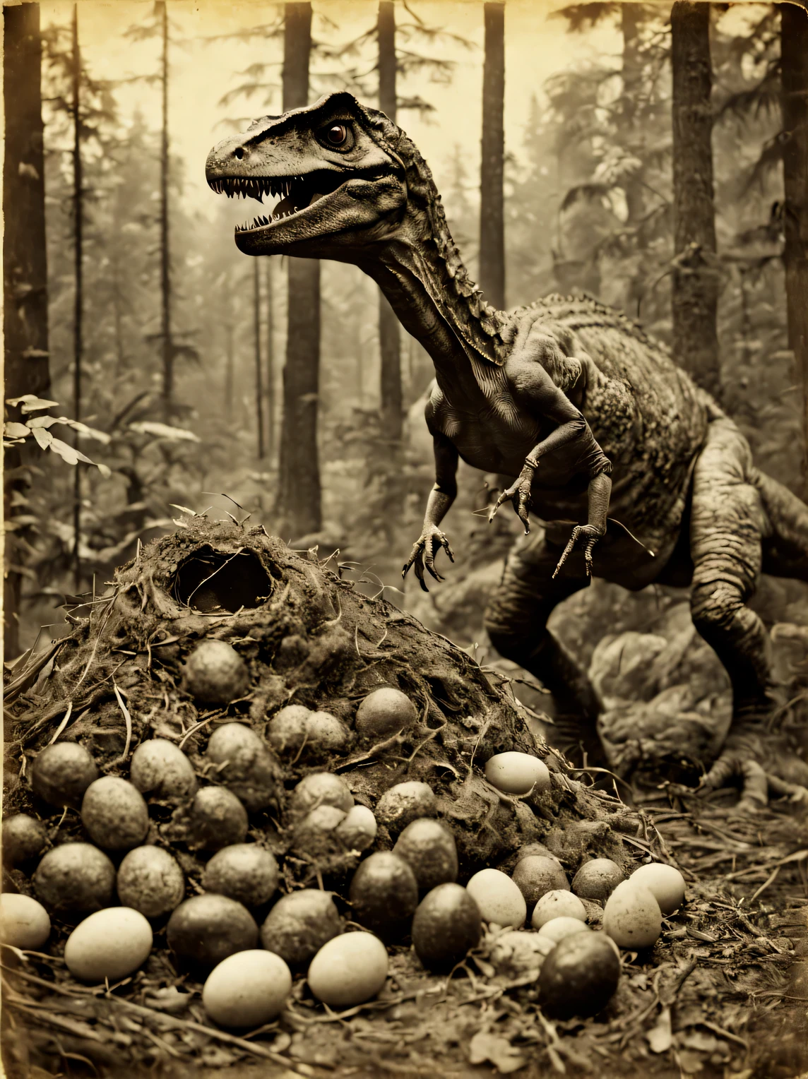 Old photo from the 1930s with a Zeiss Ikon Ikonta 520.../2 cameras, published by the Museum of Historical Photography in 1930..., (dinosaur stands near its nest with dinosaur eggs), Velociraptor dinosaur on its hind legs looks into the frame at the viewer against the backdrop of the forest, at the bottom and on the legs of the velociraptor is a large nest with dinosaur eggs, dinosaur skin shines and shines, film type 130, frame size 60 x 90 mm, Tessar f/4.5 105 mm, vintage photo paper, old shabby photograph, scuffs and scratches, photo ruined by time