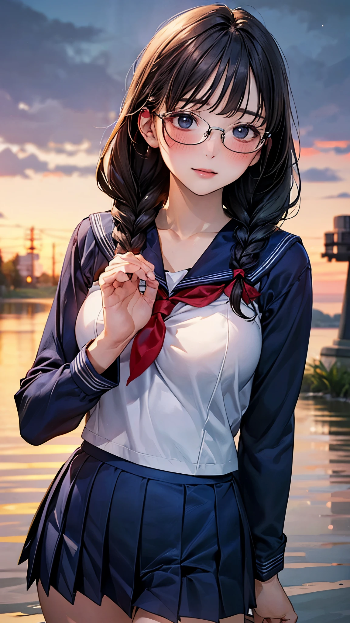 (masterpiece:1.2, top-quality), (realistic, photorealistic:1.4), beautiful illustration, (natural side lighting, movie lighting),
looking at viewer, upper body, front view, 1 girl, japanese, , perfect face, cute and symmetrical face, shiny skin, babyface,
(long hair, twin braids, straight hair:1.2, black hair), braided bangs, blue eyes, (large breasts, seductive thighs, big ass),
beautiful hair, beautiful face, beautiful detailed eyes, beautiful clavicle, beautiful body, beautiful chest, beautiful thigh, beautiful legs, beautiful fingers,
((long sleeves, all navy cute sailor suit, navy pleated skirt, navy sailor collar, red sailor scarf)), black-rimmed glasses,
(beautiful scenery), evening, riverside, standing, (join hands), (full-face blush),