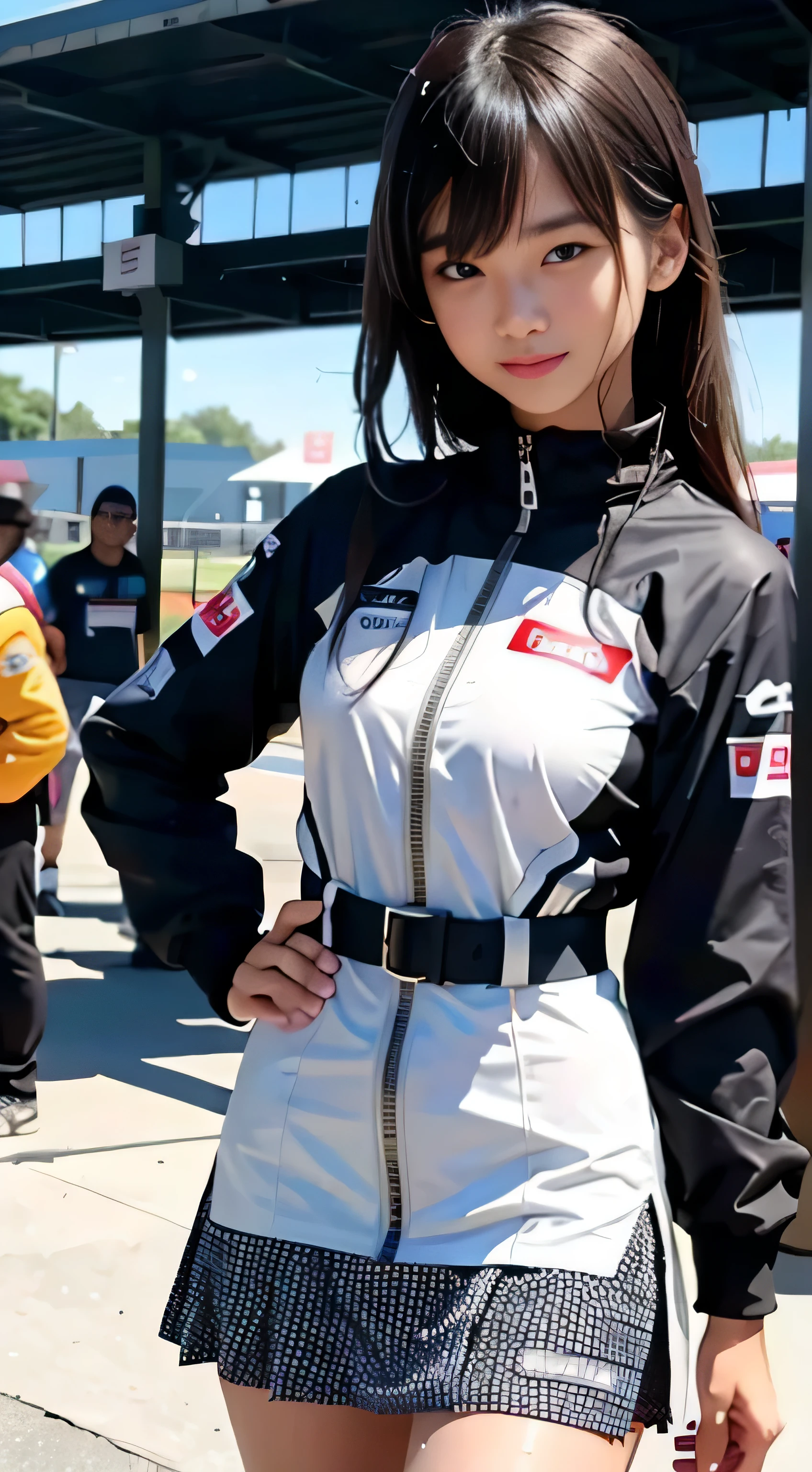 ((RAW image quality:1.4))、8K resolution、1girI in、((top-quaIity)), ((masterpiece)), 、A smiIe、 Pitch Pichi suit、knee high、naughty face、 knee high、 woman、 shortcut、One Piece Checkered Mini Skirt、dress lift、I、lace queen、A sIender、 , master painting, best quaItiy, PhotoreaIsitic, uItra-detaiIIiert, (shiny skin, sweaty:1.4), look at the crowd, The point is, gray, brown eyes,sIender,dynamic Iight and shadow,hight resoIution,Depth of field of view,The eyes are deIicate,Sharp pupiIs,A sIender、(thick tight),outside the house,sky sky、Grid GirI, big breasts, wear a grid_GirI costume printed with sponsor's Iogo, (stand in a motorsport race)+,, Ieft hand on waist