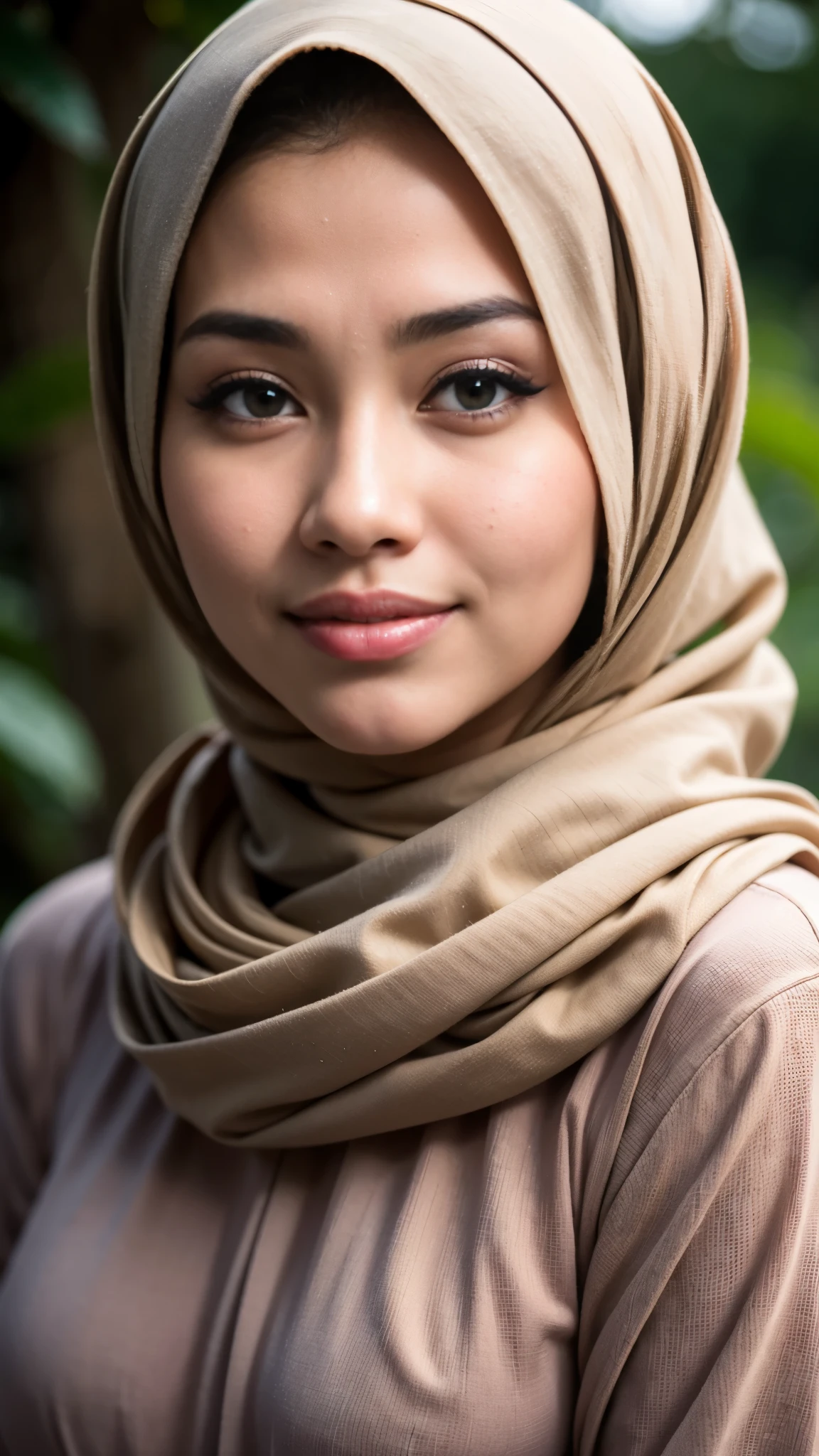 1 malay girl , modern plain hijab, shy, medium portrait shot , watery eyes ,lip watery, lip glossy, open mounth, big breast, 1 Malay girl, modern plain hijab, shy, medium portrait, watery eyes, RAW, Best quality, high resolution, masterpiece: 1.3), beautiful Malay woman in hijap:0.8),perfect nose,perfect lips, perfect eyes, detail :1.2), beautifull face, soft smile,Beautiful woman wearing a hijap, a woman in a brown dress and a brown scarf, hijab, moles under the eyes, Beutifull girl, lovely smile, lovely woman, with lovely look, with a beautifull smile, cute beautiful,((close up))