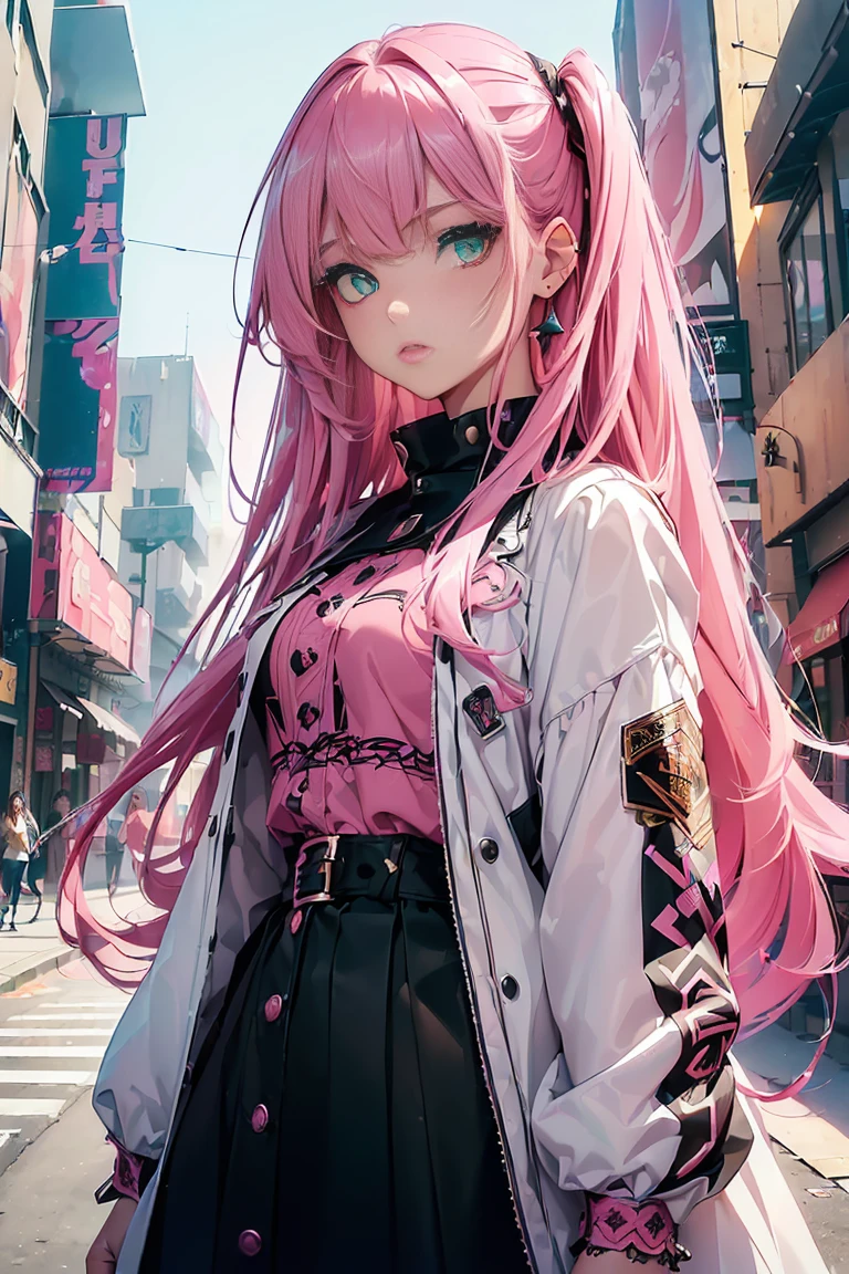 ((1 girl)), latest trend clothes, Street fashion,cowboy shot,((Super detailed,highest quality, High resolution, 8k wallpaper, beautiful clothes,)),((pink hair, long hair,straight hair,two side up)) (green eyes),eye shadow, eyeliner,Glow eye, highly detailed eyes, complicated eyes, beautiful eyes, ((shining pink eyes))18 year old girl.