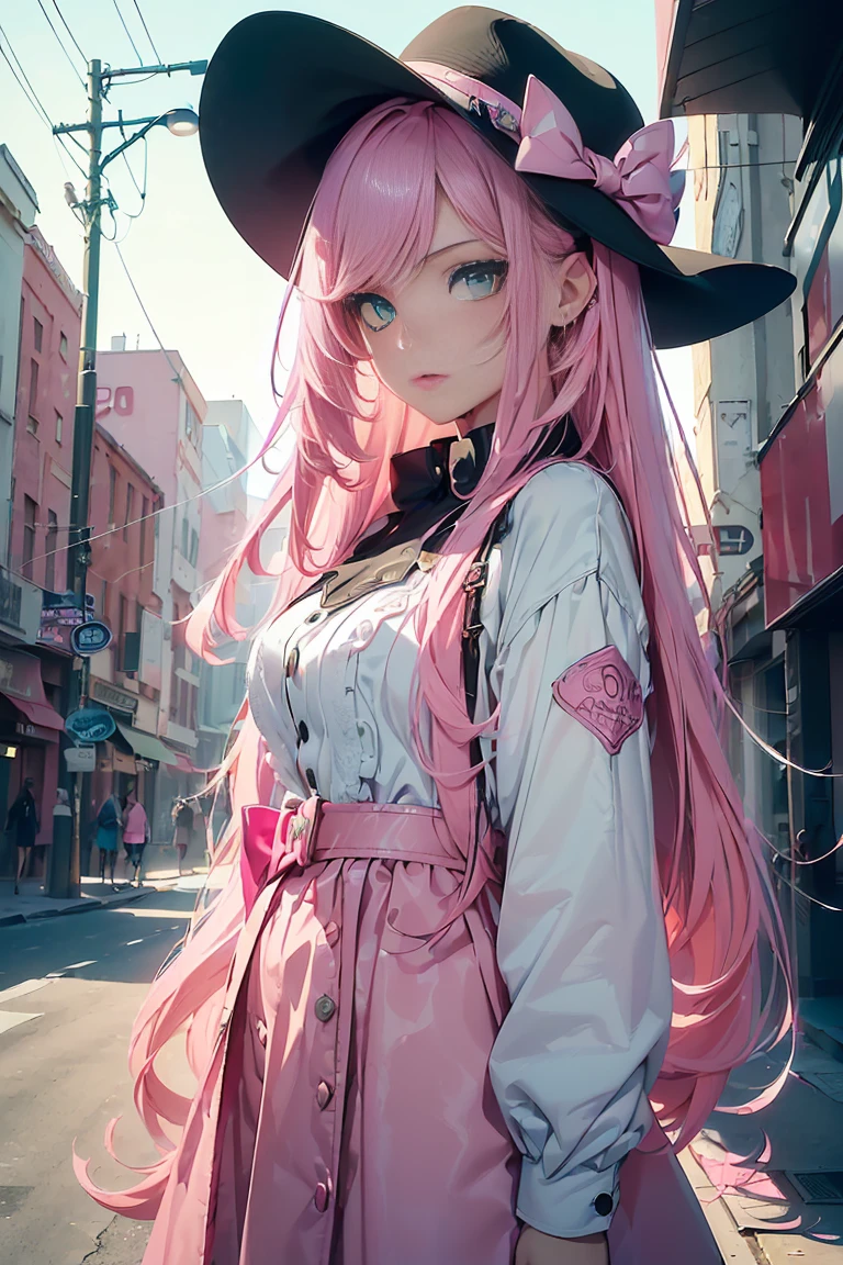 ((1 girl)), latest trend clothes, Street fashion,cowboy shot,((Super detailed,highest quality, High resolution, 8k wallpaper, beautiful clothes,)),((pink hair, long hair,straight hair,two side up)) (green eyes),eye shadow, eyeliner,Glow eye, highly detailed eyes, complicated eyes, beautiful eyes, ((shining pink eyes))18 year old girl.