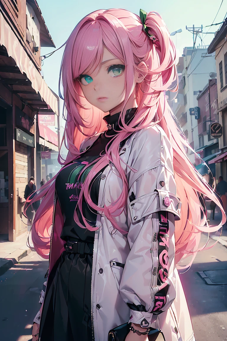 ((1 girl)), latest trend clothes, Street fashion,cowboy shot,((Super detailed,highest quality, High resolution, 8k wallpaper, beautiful clothes,)),((pink hair, long hair,straight hair,two side up)) (green eyes),eye shadow, eyeliner,Glow eye, highly detailed eyes, complicated eyes, beautiful eyes, ((shining pink eyes))18 year old girl.