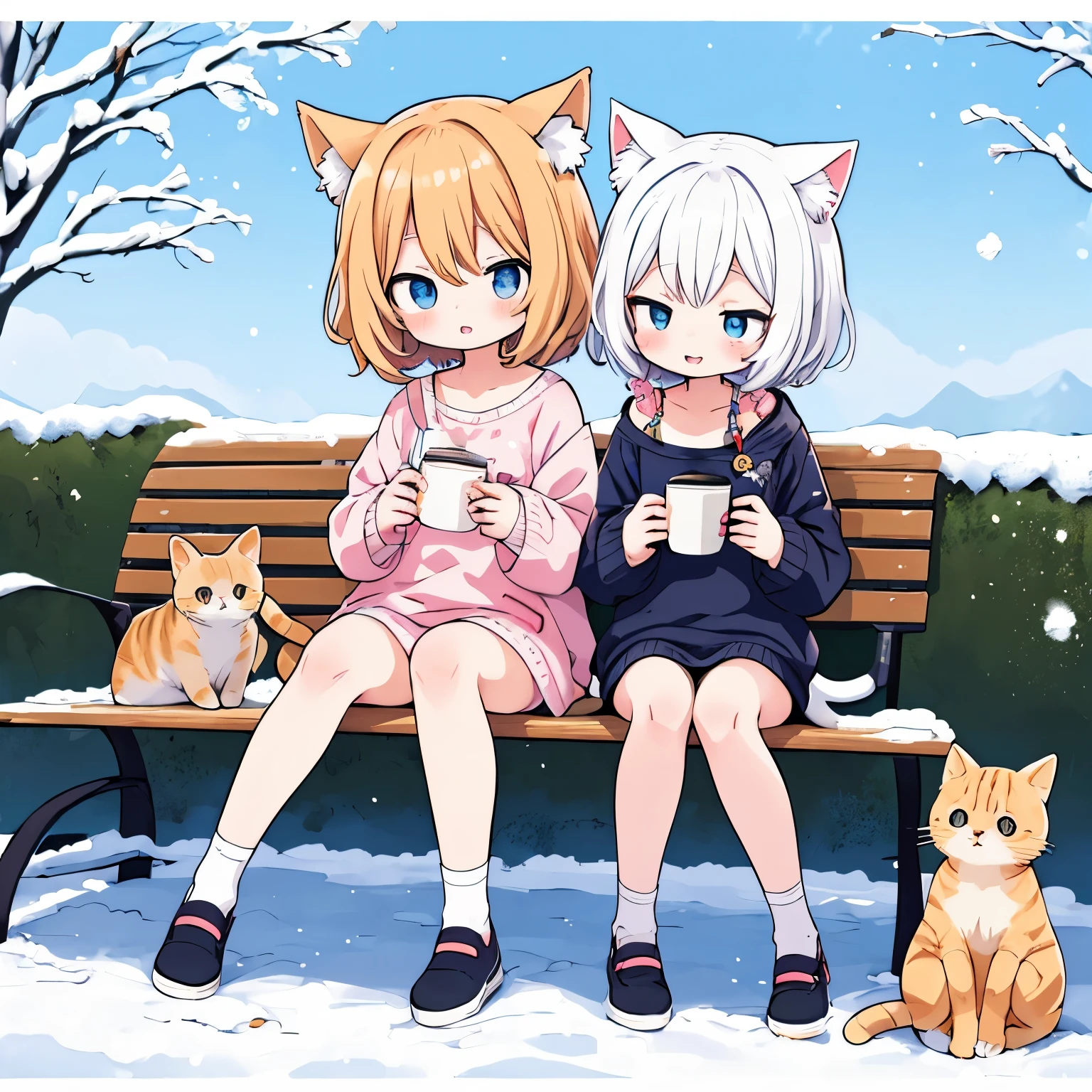 Anime character sitting on a bench drinking coffee with a cat, cute anime, anime style. 8K, anime style 4 k, cute anime style, cute art style, anime picture, cute anime catgirl, anime cat, cute catのアニメビジュアル, anime style illustration, in the snow, in anime style, anime girl with cat ears, cute cat、nude、Completely naked