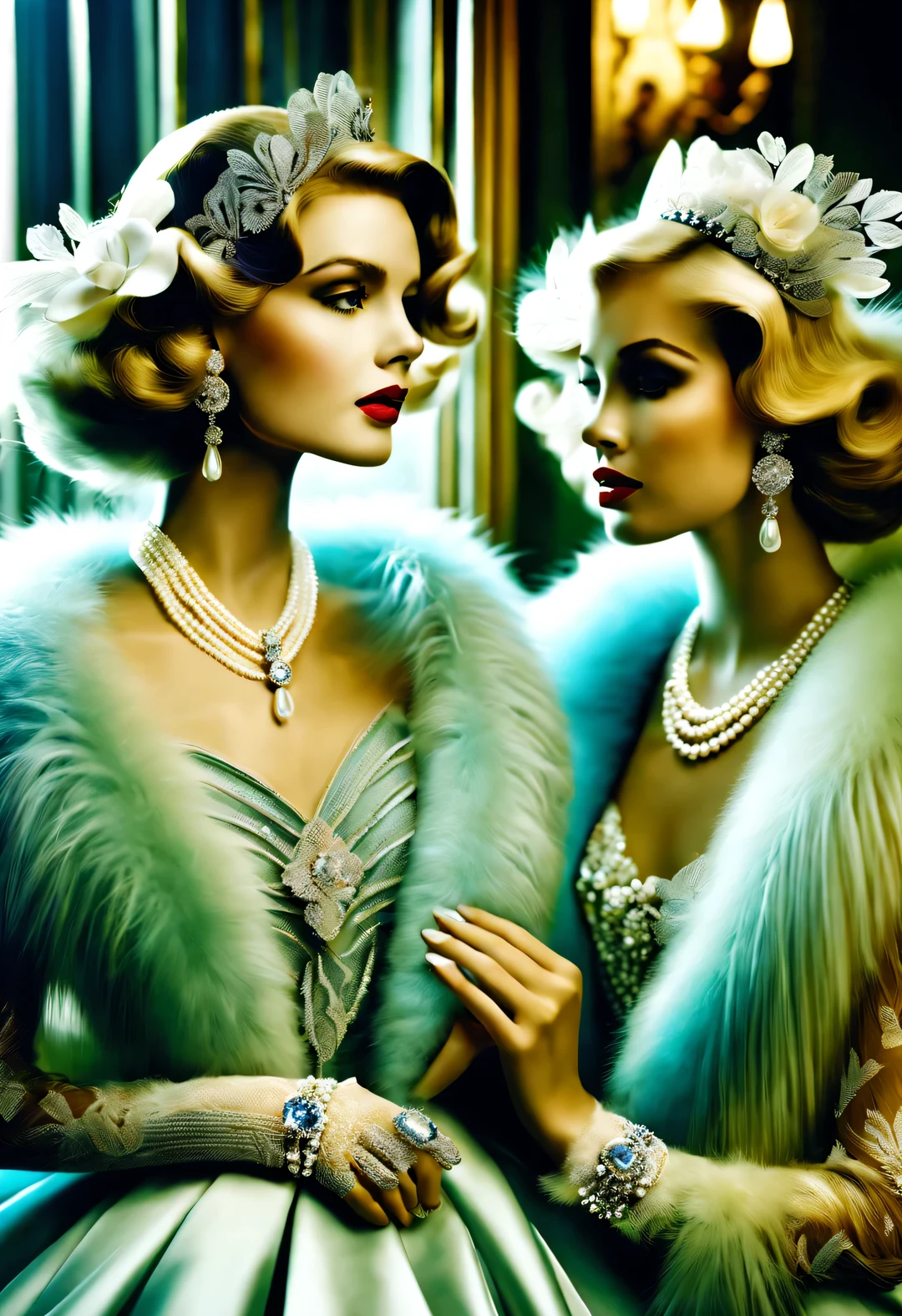 photography style, portrait,best quality,8k,high resolution,super detailed,super clear,Creative style artwork,classical,, ( Two fashionable girls sitting at coffee table looking out the window. Girl wearing high-end white fur coat,Paired with blue gauze skirt.),Gorgeous、Beautifully crafted diamond rings and bracelets,tiara jewelry,High quality ,The atmosphere of the 1920s, (blond:1.34),Fur coat has delicate texture,smooth visible velvet,Wear pearl jewelry,Advanced custom lace clothing,perfect fingers,(White skin),(stacking accessories), Luxurious and plump pearls,everything is clear,Composed of beads and brilliant diamonds,Pearls are usually round,(Each bead is the same size),Carefully selected、polishing,Smooth and delicate surface,Soft shine,Diamonds are the most dazzling part,They are cleverly mounted on metal frames,Contrast with pearls,Make the whole bracelet look noble and elegant,Dressed in 1920s fashion, 1920s hairstyles, 1 9 2 0 s style, 1 9 2 0 clothes, 1 9 2 0 s fabric style,